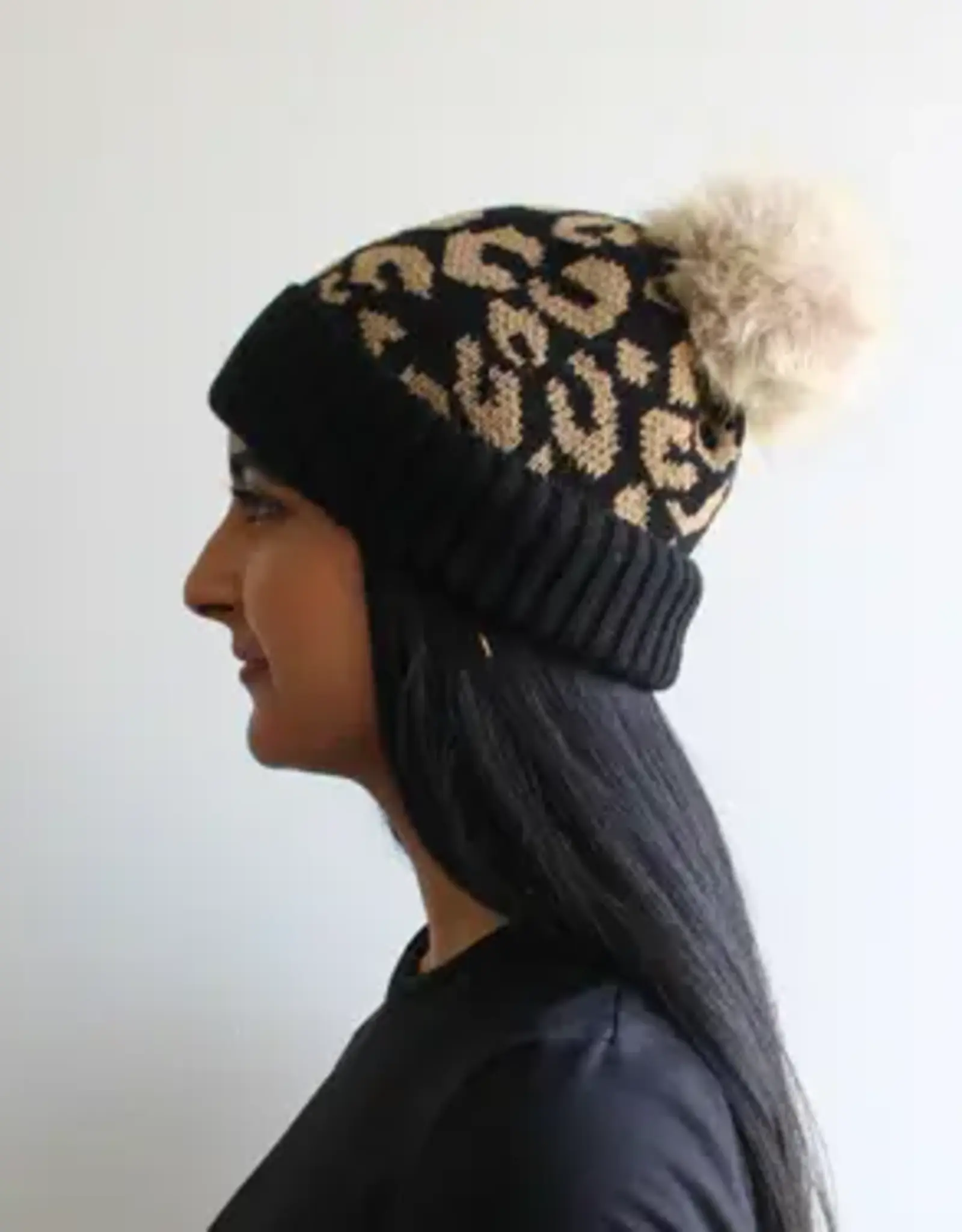 By Chance ByChance Leopard Print Winter Hat w/ Pom Pom Black