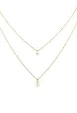 Jackie J 2 Layer Necklace w Pearl and Crystal Gold