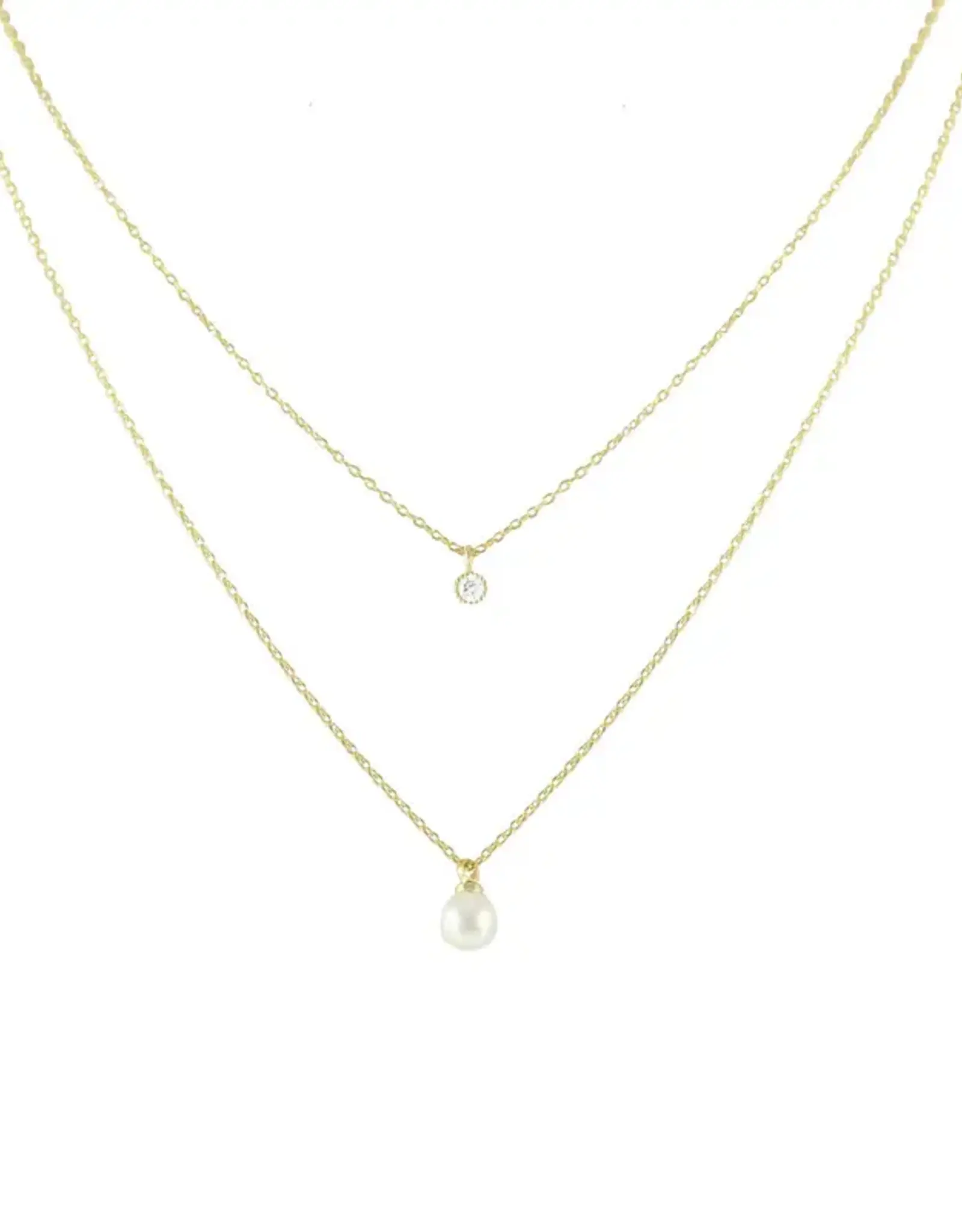 Jackie J 2 Layer Necklace w Pearl and Crystal Gold
