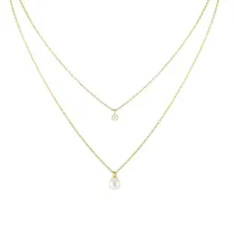 Jackie J 2 Layer Necklace w Pearl and Crystal Gold