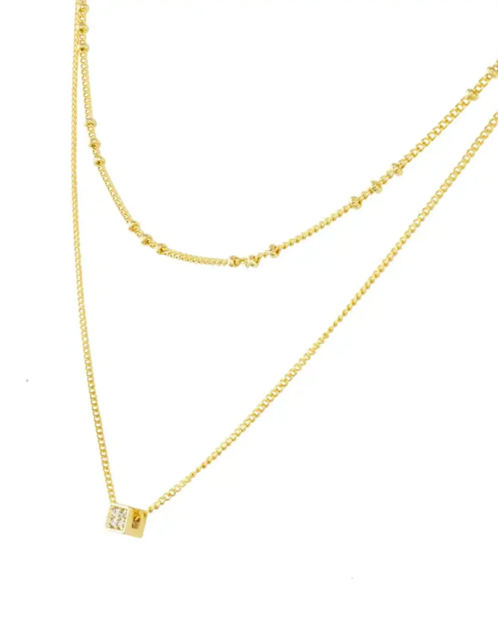 Jackie J 2 Layer Necklace w CZ Charm and Ball Gold