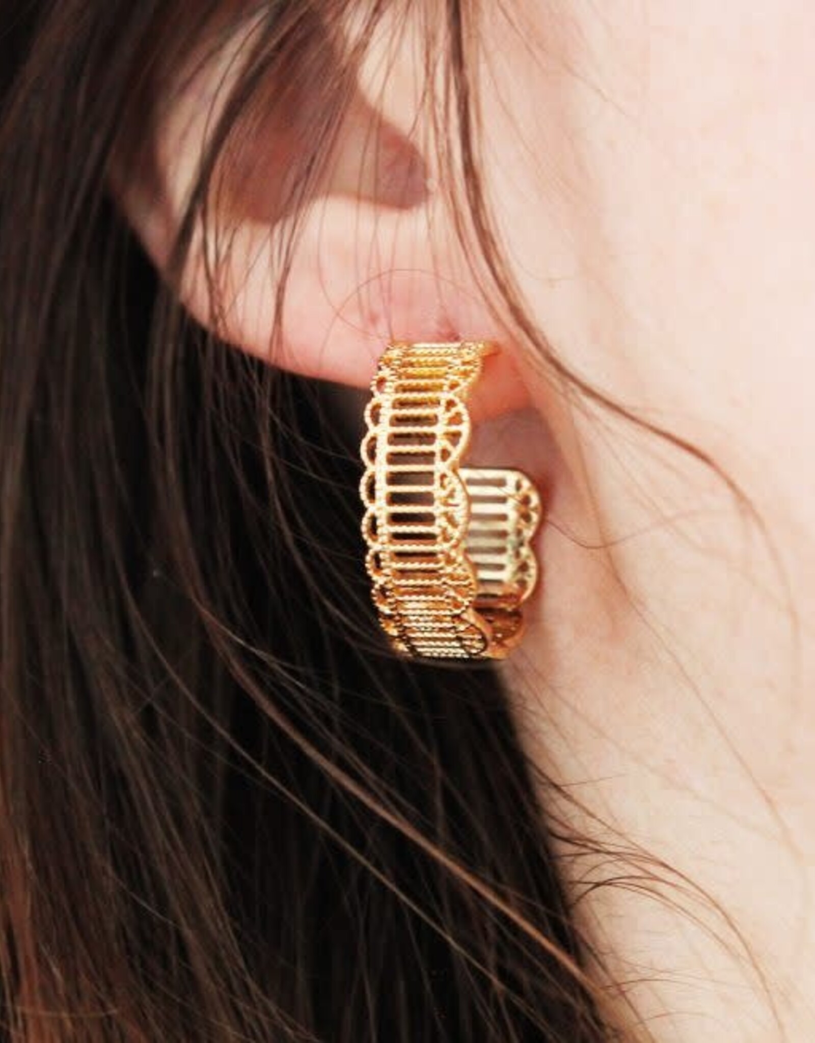 Jackie J Brass Open Hoop with Horizontal Lines Gold