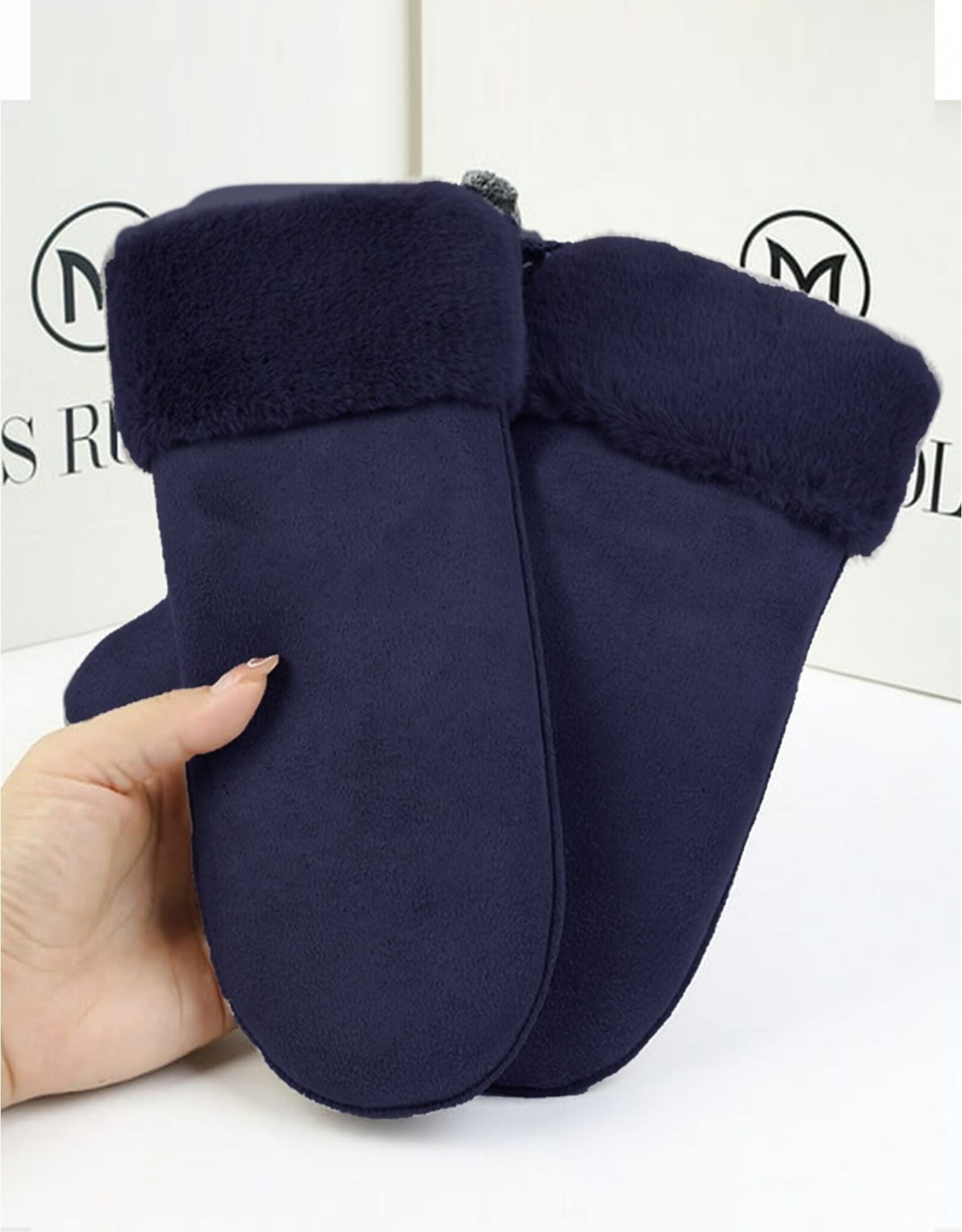 Grand Crafts Suede Mittens W/ Fur Trim Navy
