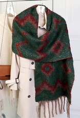 Grand Crafts Reversible Tribal Patterned Blanket Scarf W/ Twisted Tassels Green