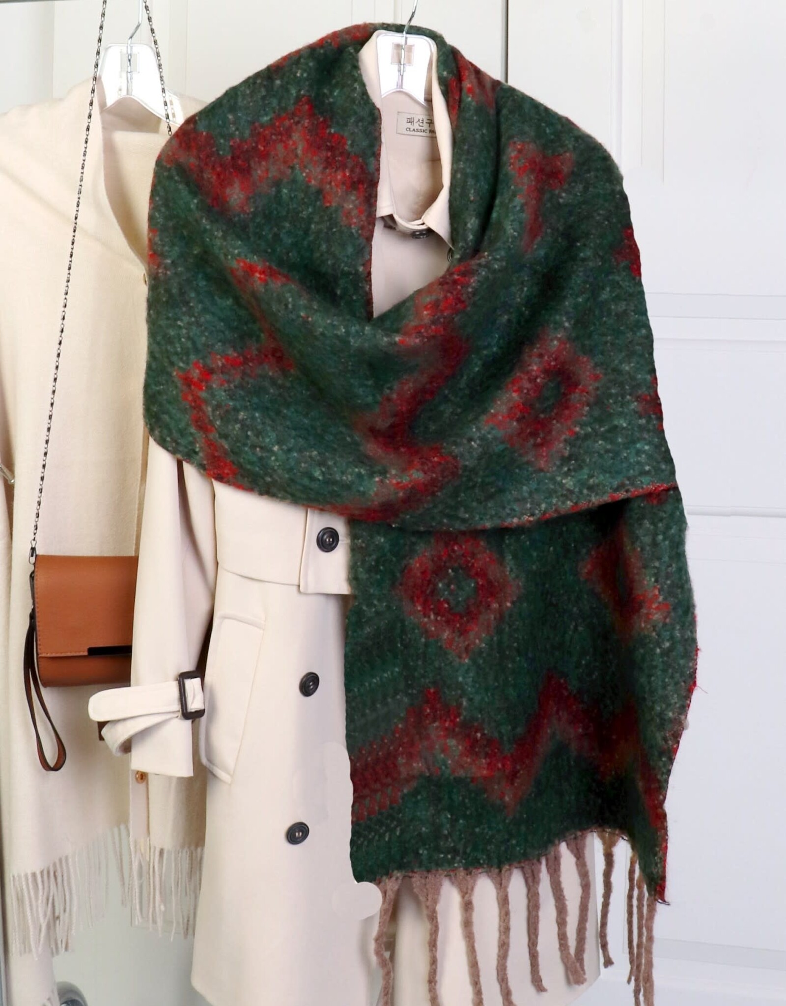 Grand Crafts Reversible Tribal Patterned Blanket Scarf W/ Twisted Tassels Green