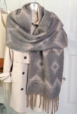 Grand Crafts Reversible Tribal Patterned Blanket Scarf W/ Twisted Tassels Grey