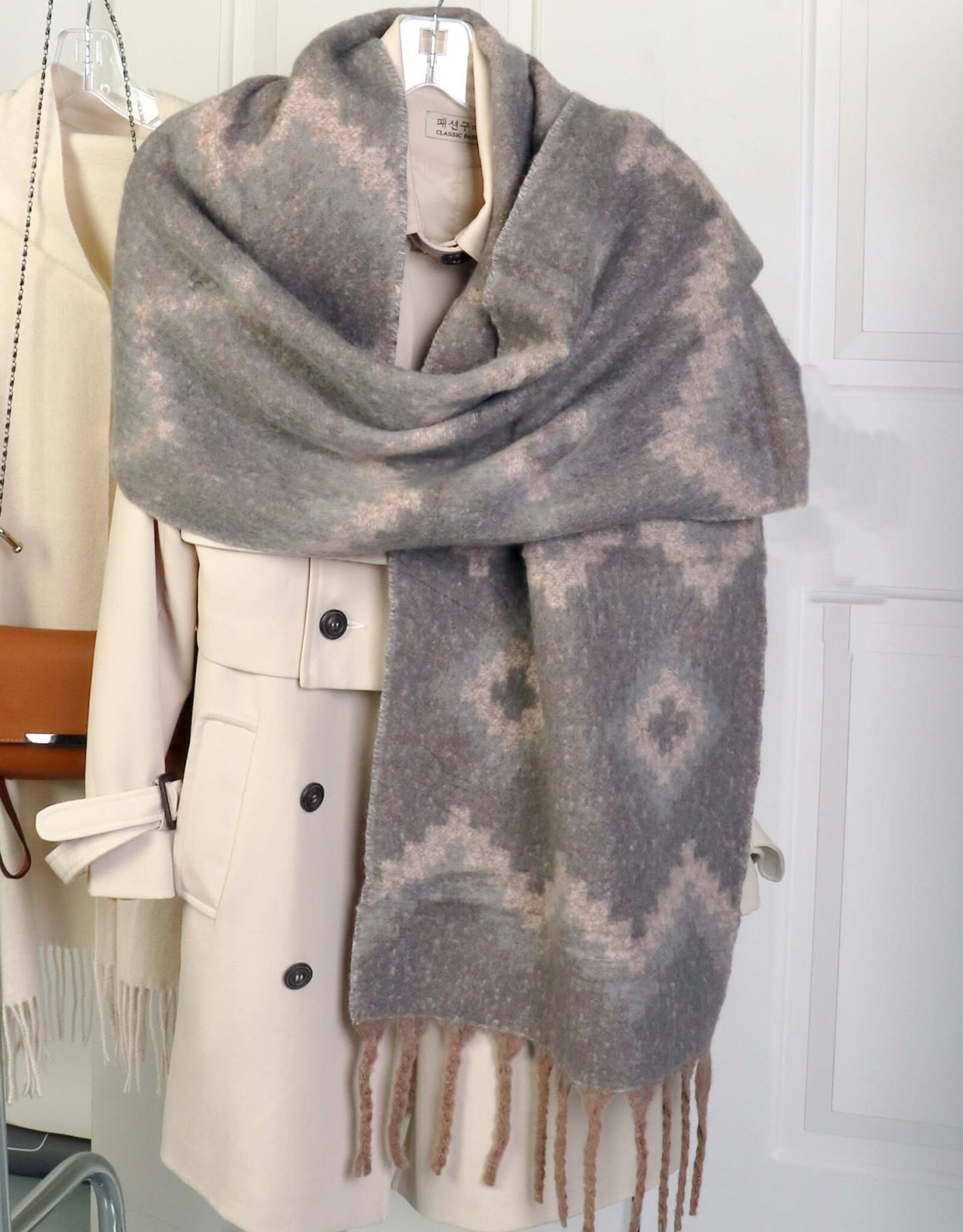 Grand Crafts Reversible Tribal Patterned Blanket Scarf W/ Twisted Tassels Grey