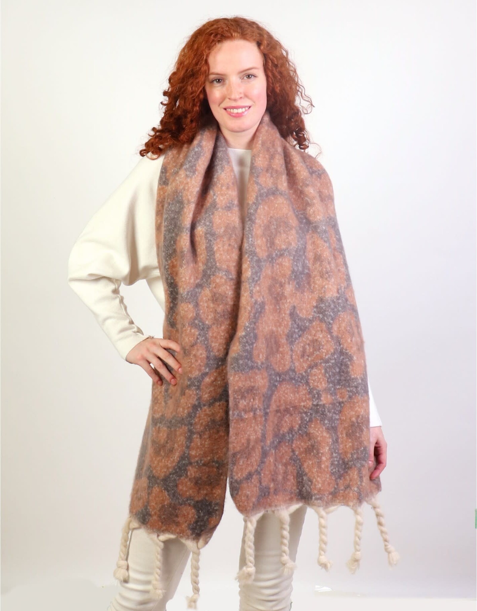 Grand Crafts Leopard Blanket Scarf W/ Twisted Tassels Grey