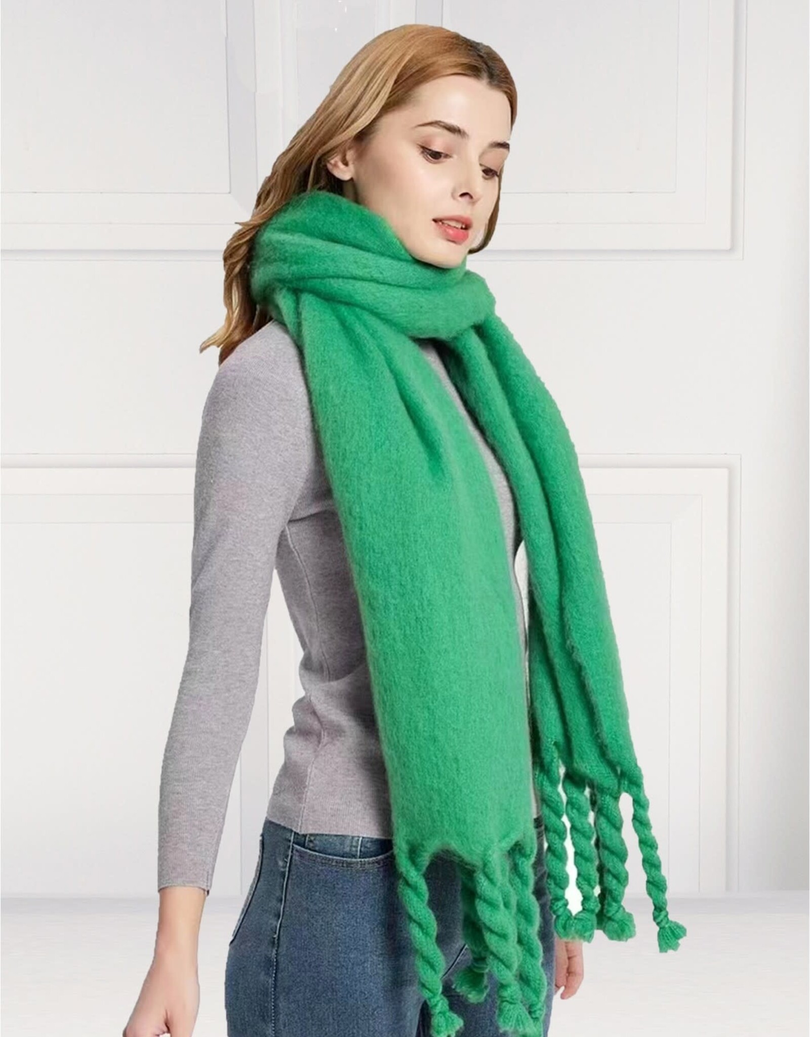 Grand Crafts Solid Blanket Scarf W/ Twisted Tassels Green