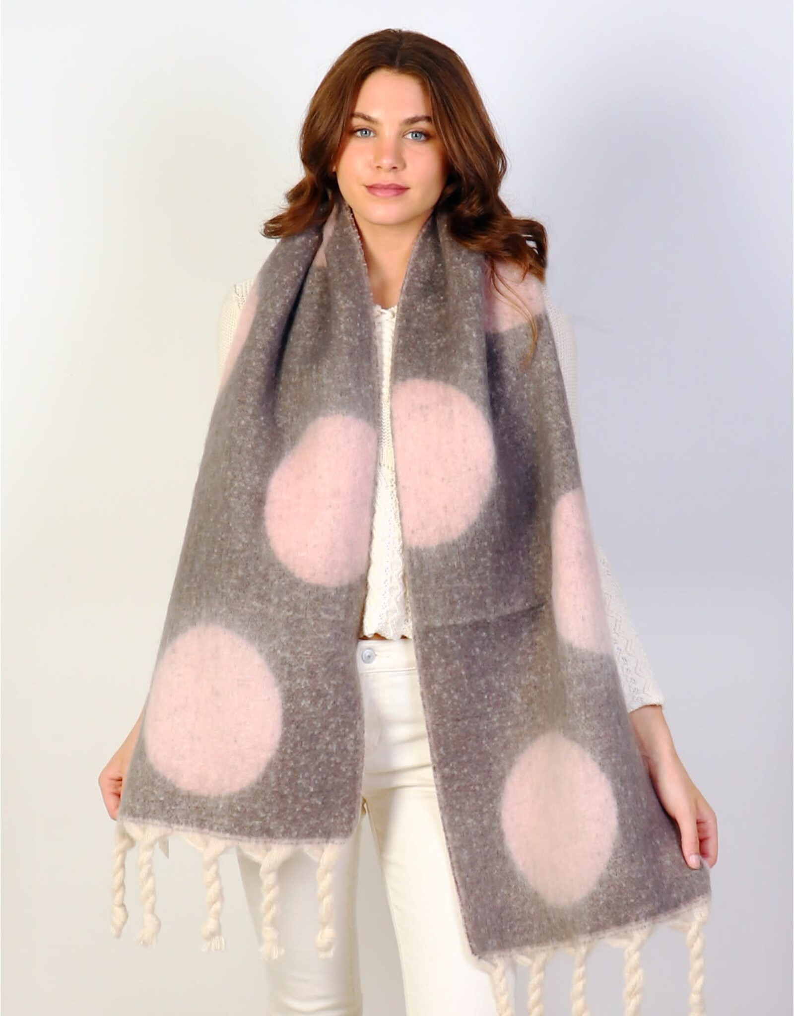 Grand Crafts Circle Patterned Blanket Scarf W/ Twisted Tassels Pink