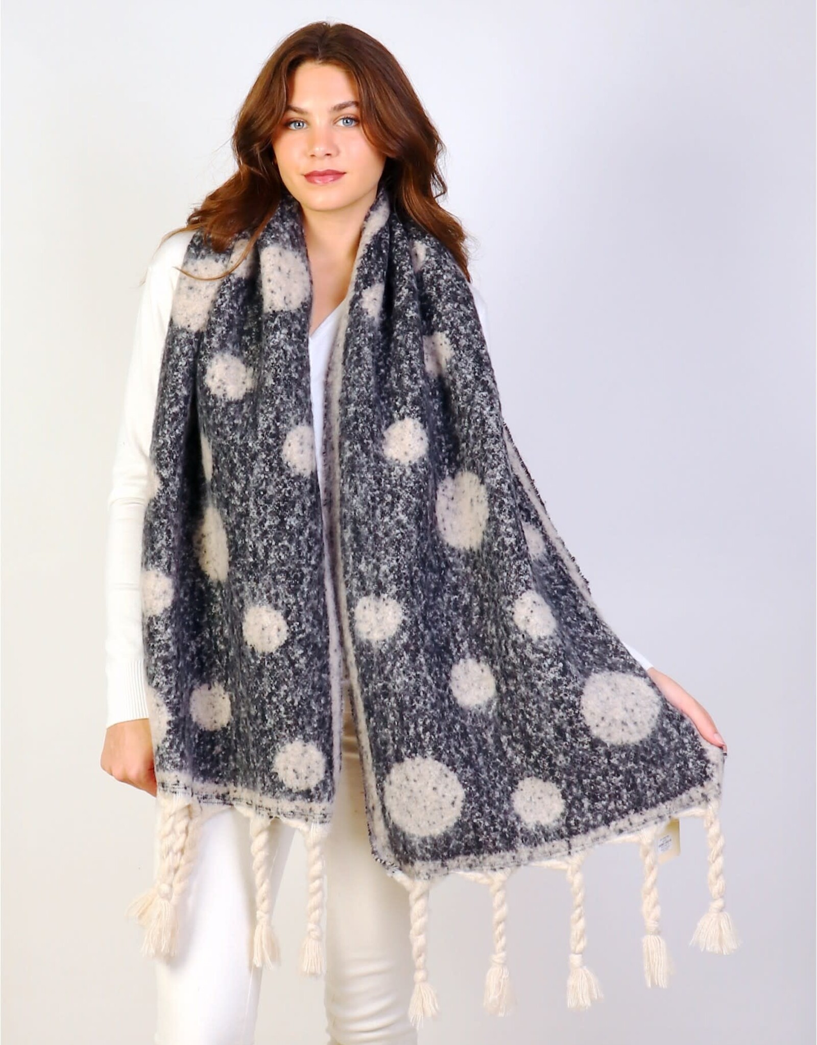 Grand Crafts Circle Patterned Blanket Scarf W/ Twisted Tassels Black