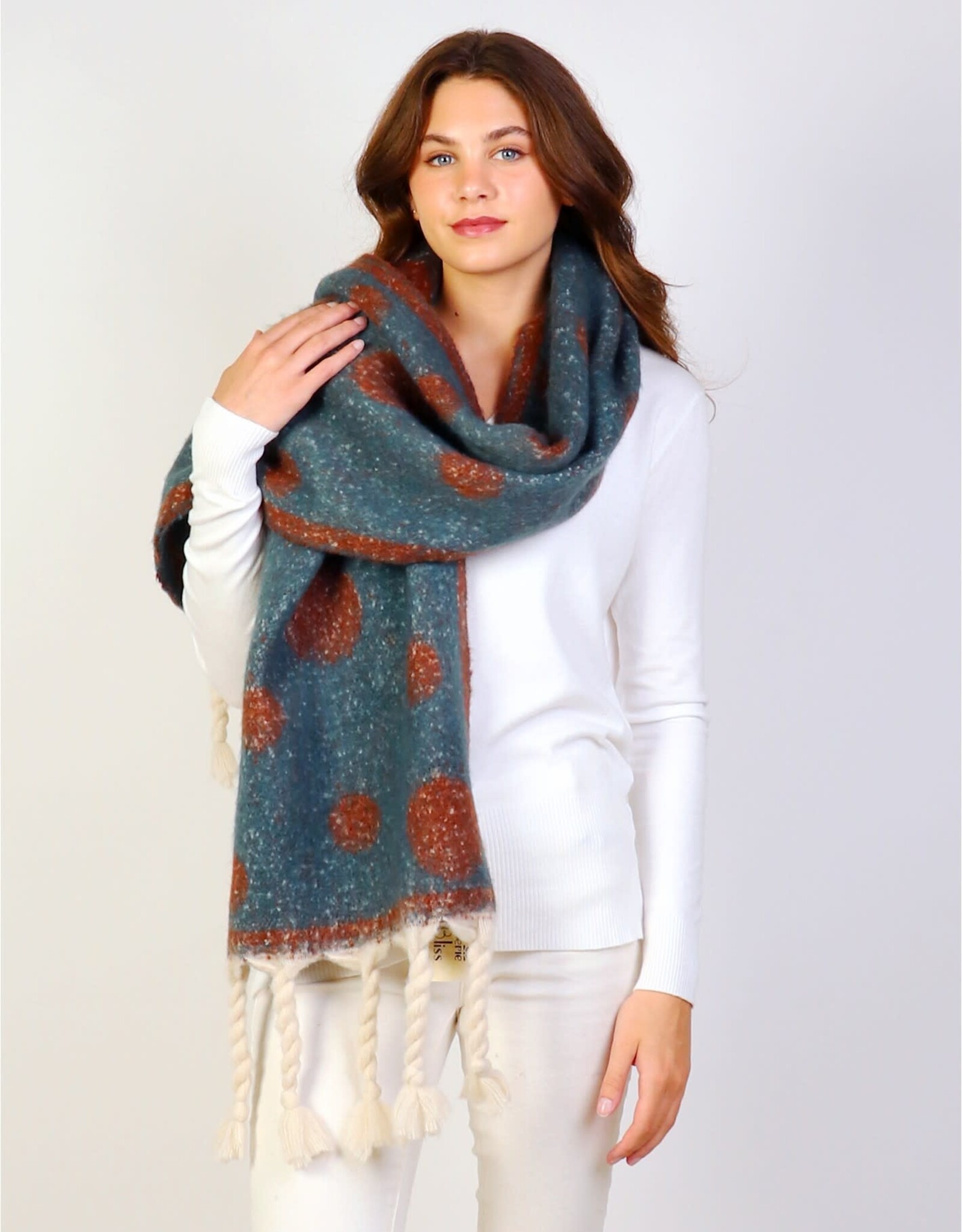 Grand Crafts Circle Patterned Blanket Scarf W/ Twisted Tassels Turquoise