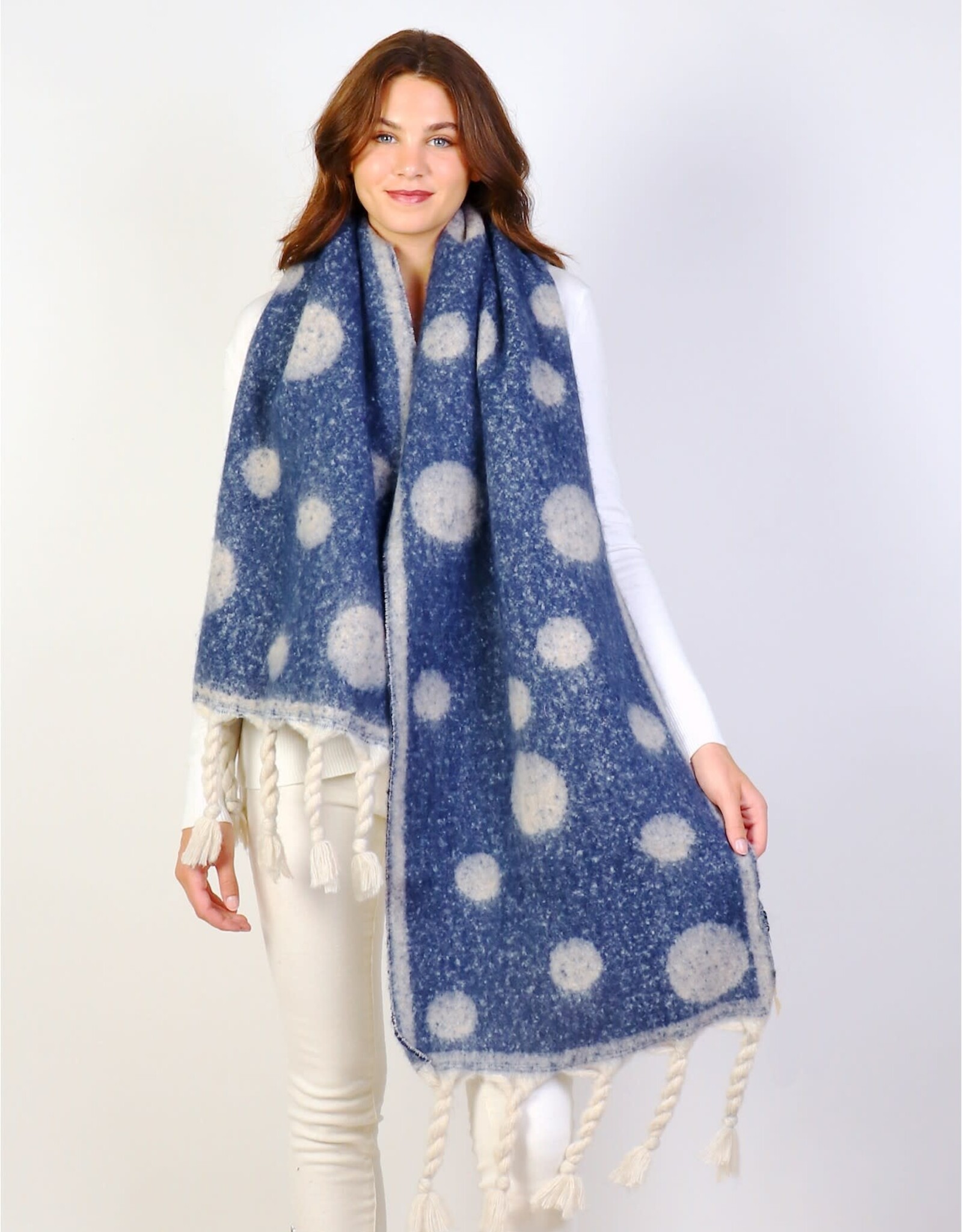 Grand Crafts Circle Patterned Blanket Scarf W/ Twisted Tassels Navy