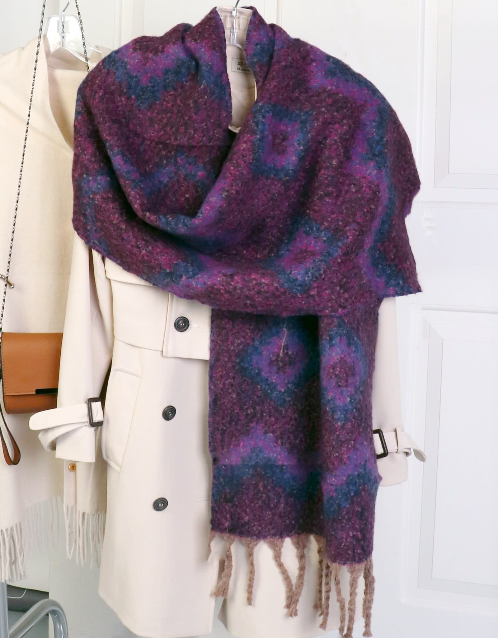 Grand Crafts Reversible Tribal Patterned Blanket Scarf W/ Twisted Tassels Purple