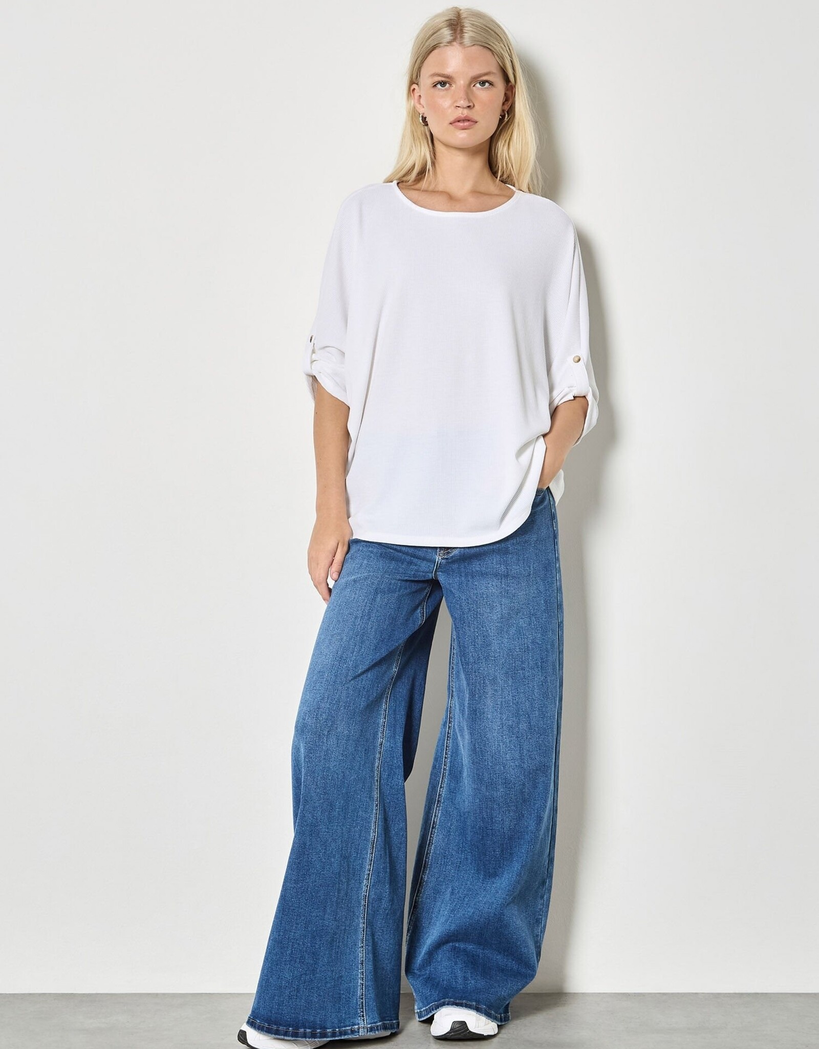 Apricot Waffle Crew Neck Btn Detail Top