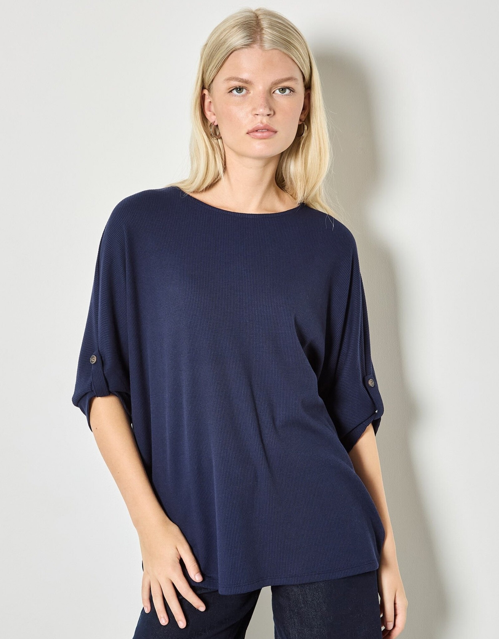 Apricot Waffle Crew Neck Btn Detail Top