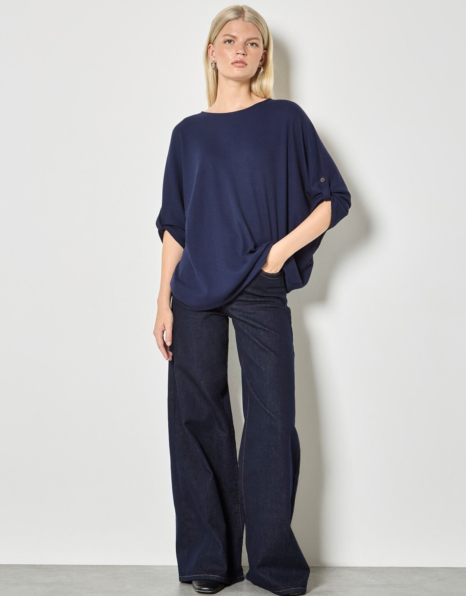 Apricot Waffle Crew Neck Btn Detail Top