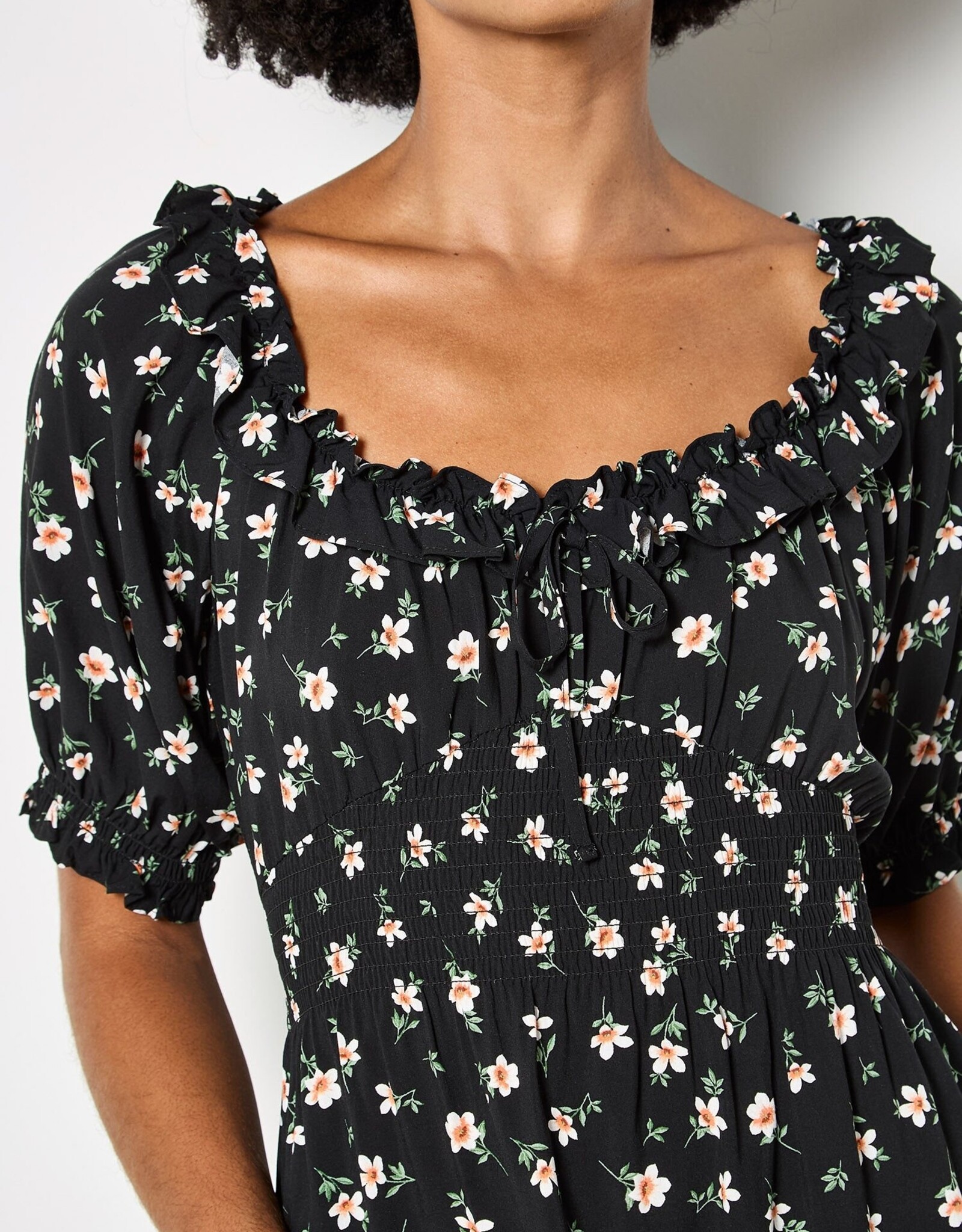 Apricot Floral Milkmaid Frill Mini Drs