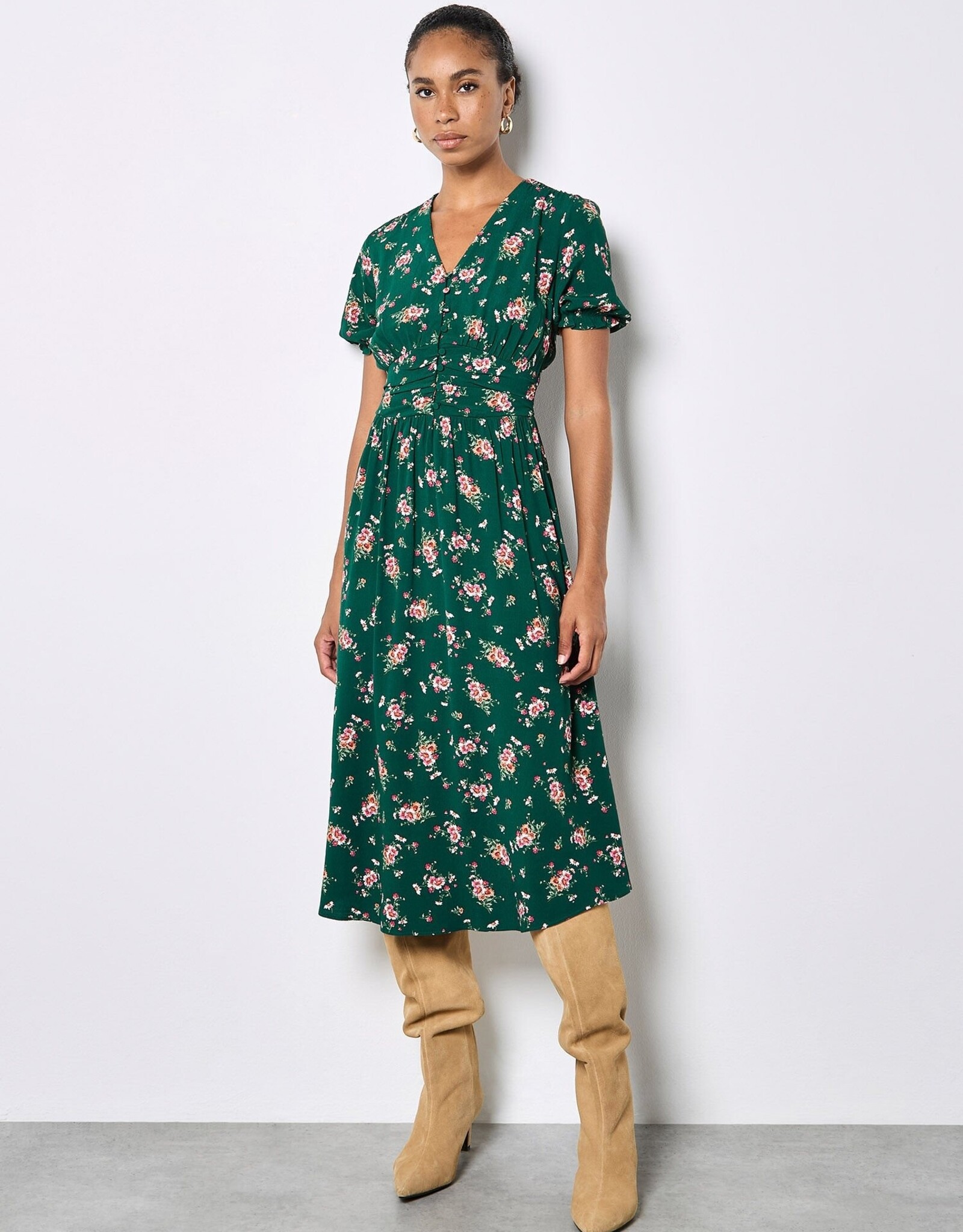 Apricot Milkmaid Pleated Waist Midi Dress