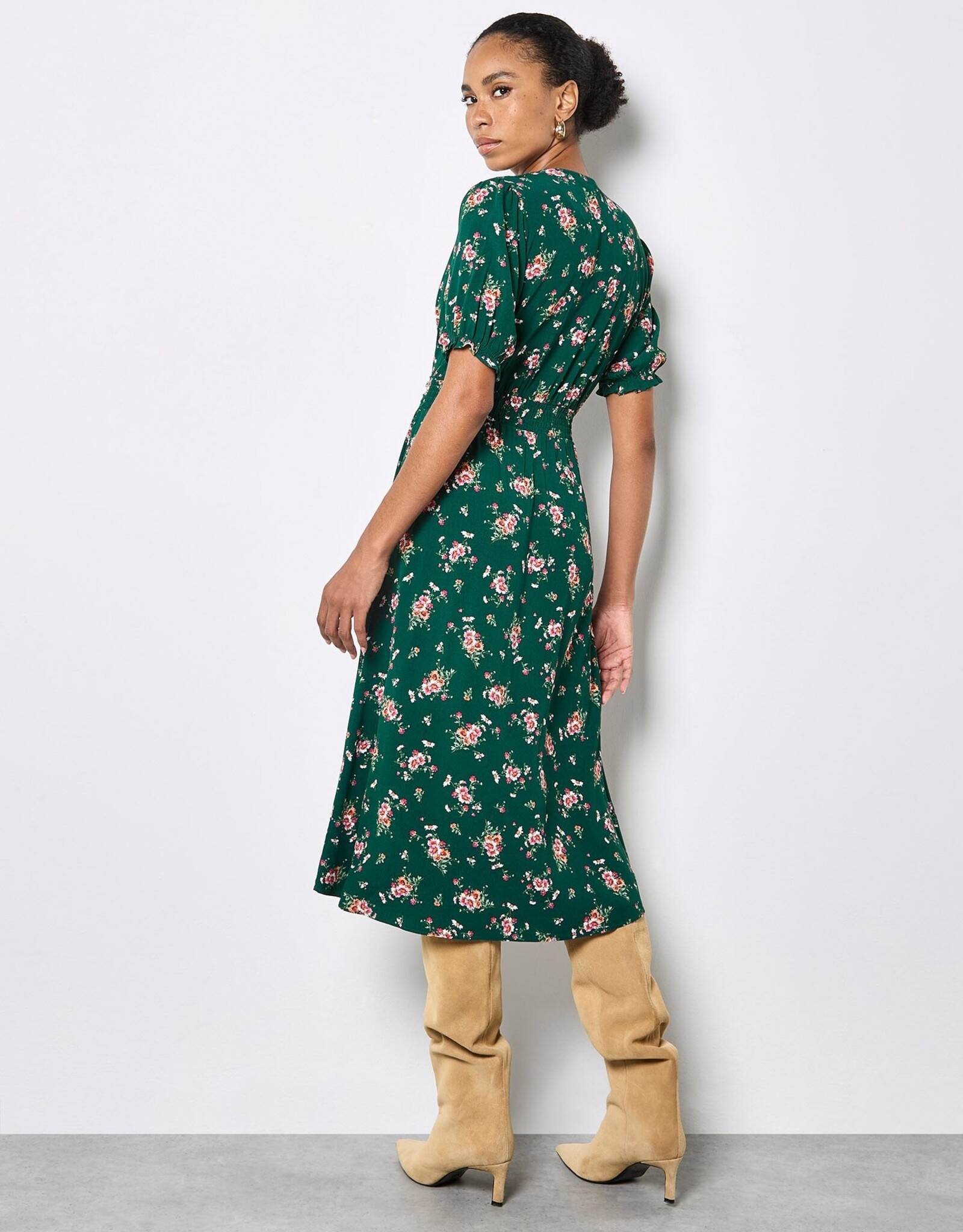 Apricot Milkmaid Pleated Waist Midi Dress