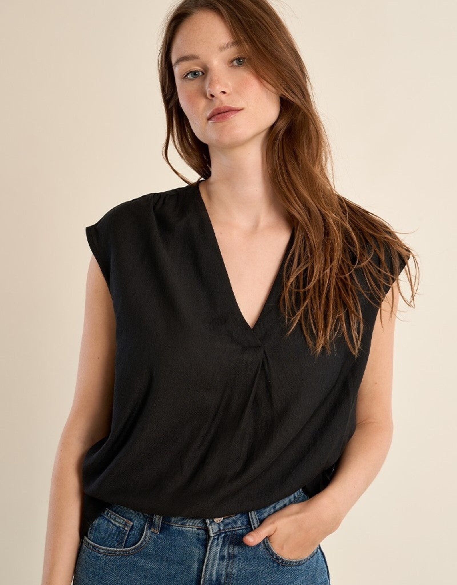 Molly Bracken  Cap Sleeve Front Pleat Blouse