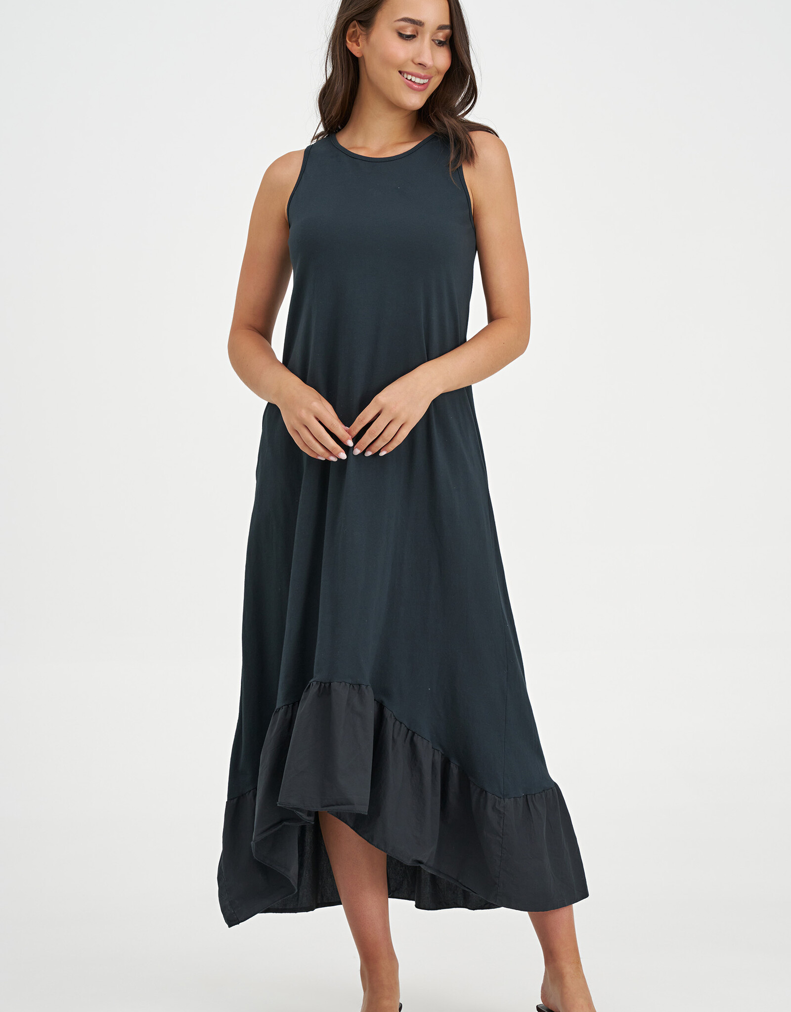 M Made in Italy Long Ruffle Trim Dress