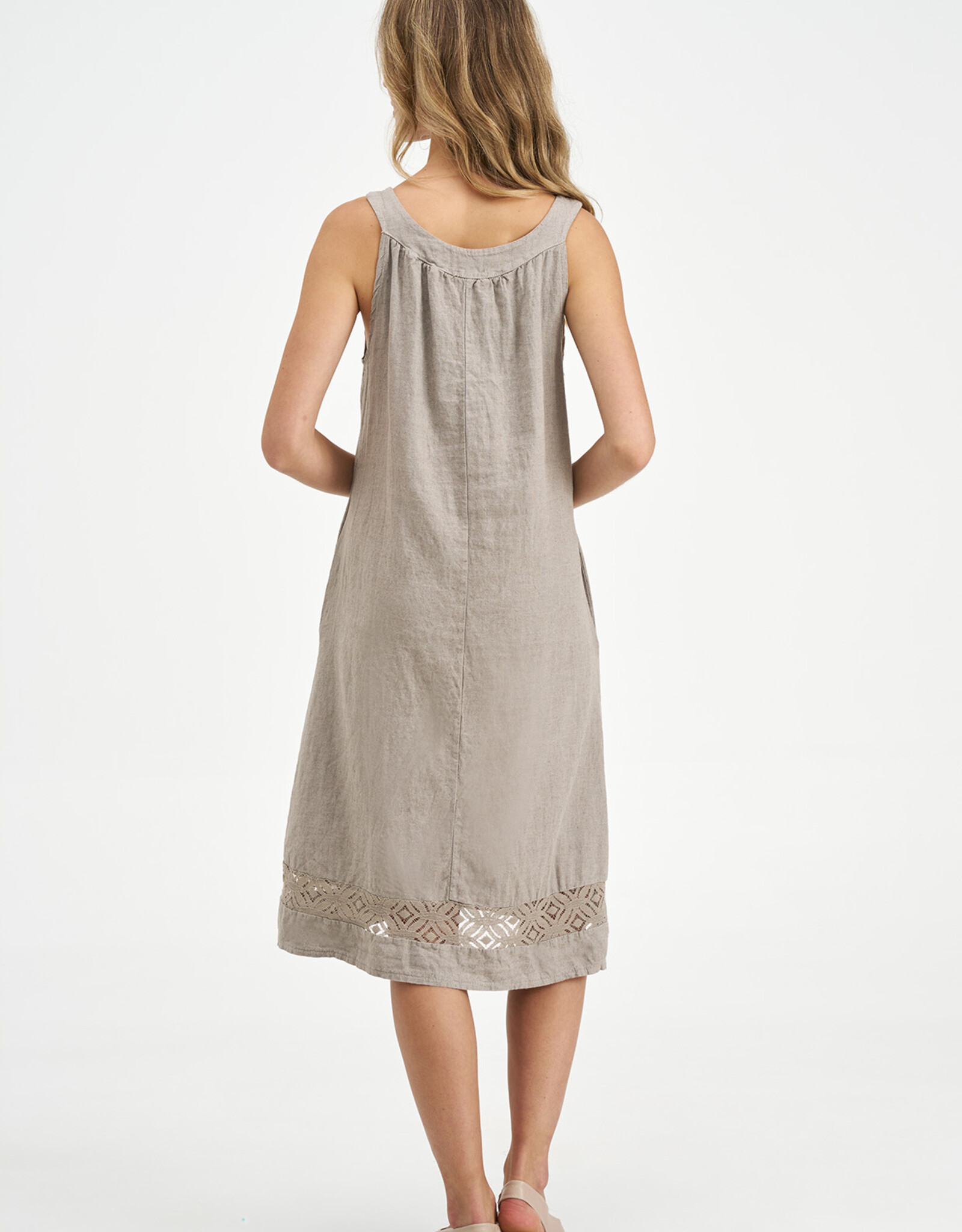 M Made in Italy Linen Lace Hem Detail Round Nk Dress