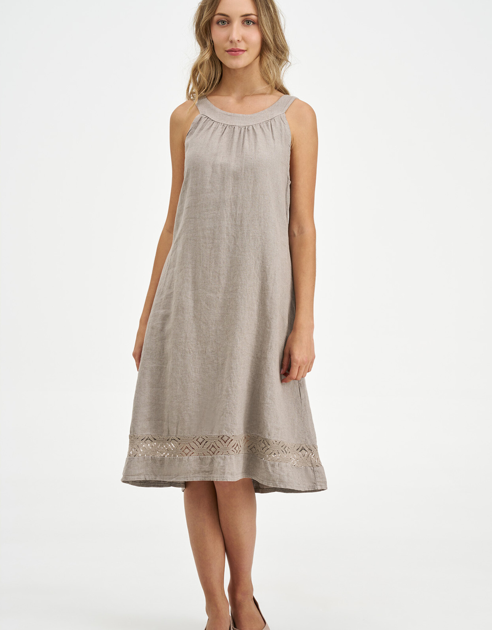 M Made in Italy Linen Lace Hem Detail Round Nk Dress
