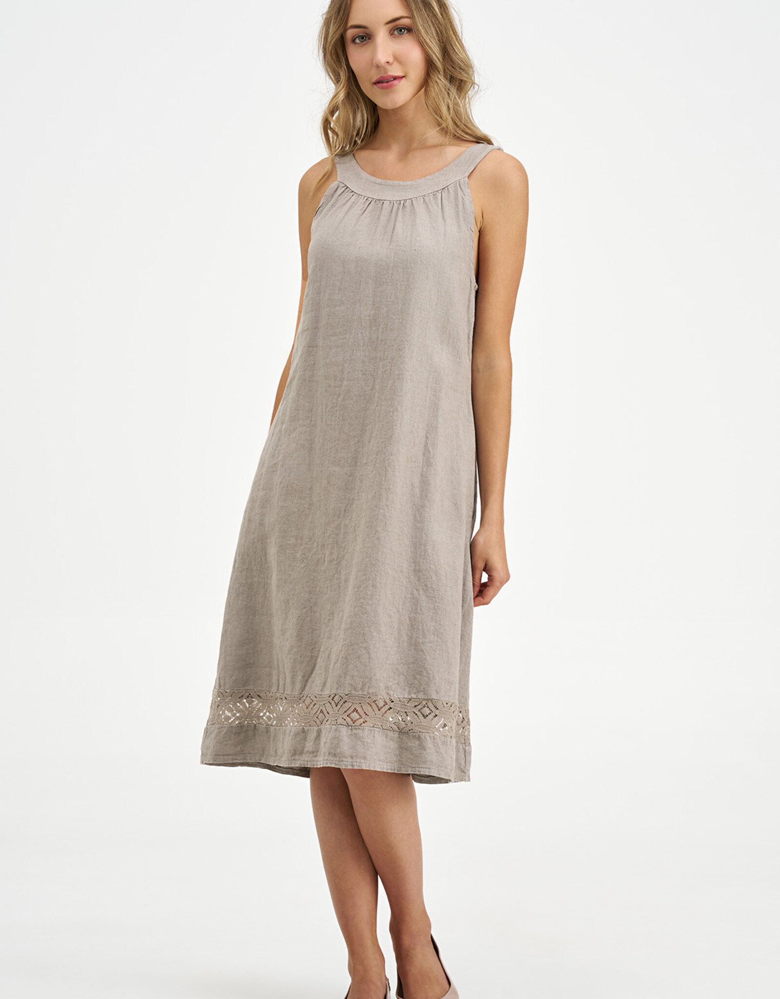 M Made in Italy Linen Lace Hem Detail Round Nk Dress