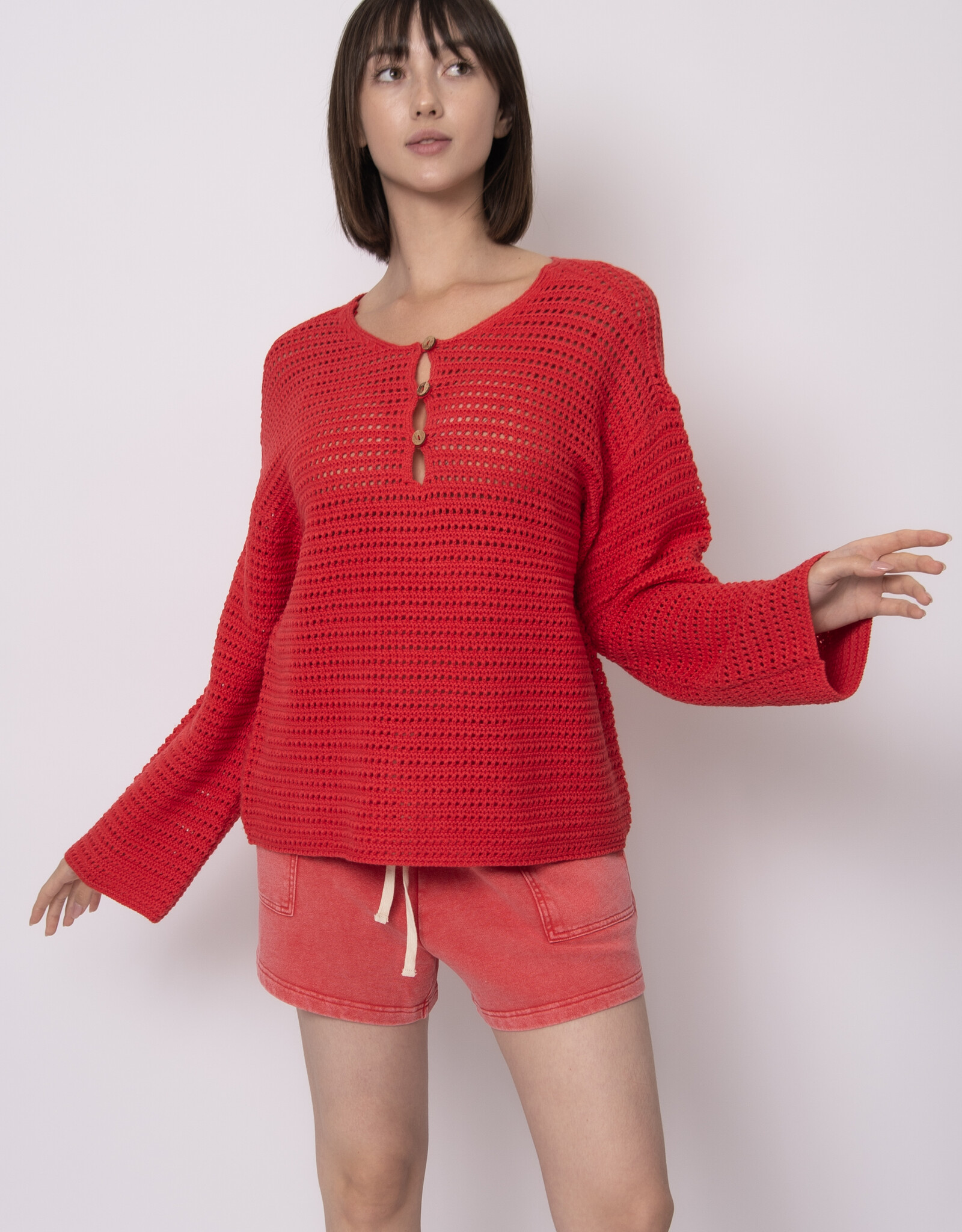 RD Style Moana L/S Henley Crochet Pullover