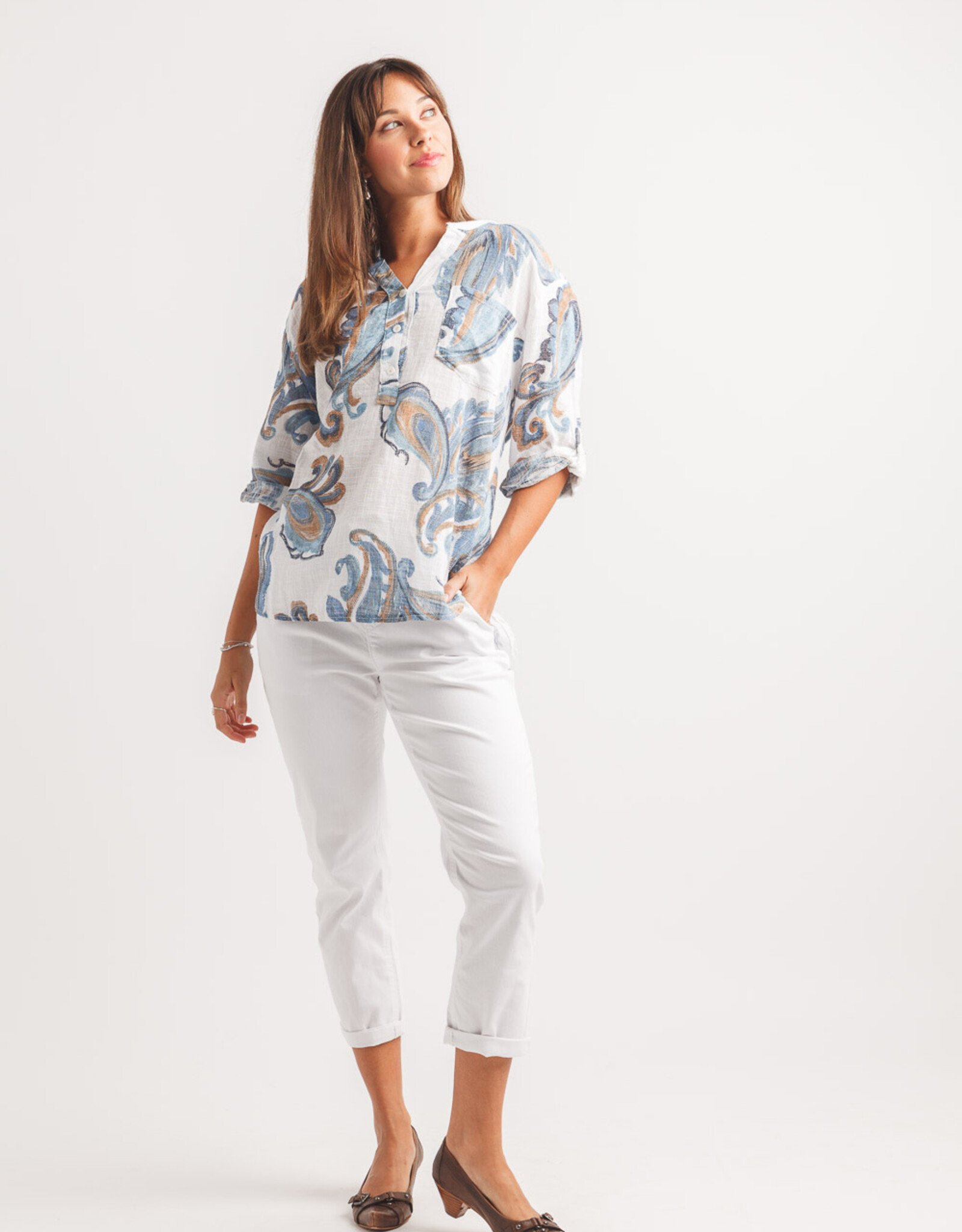 Papillon Paisley Linen Henley Top