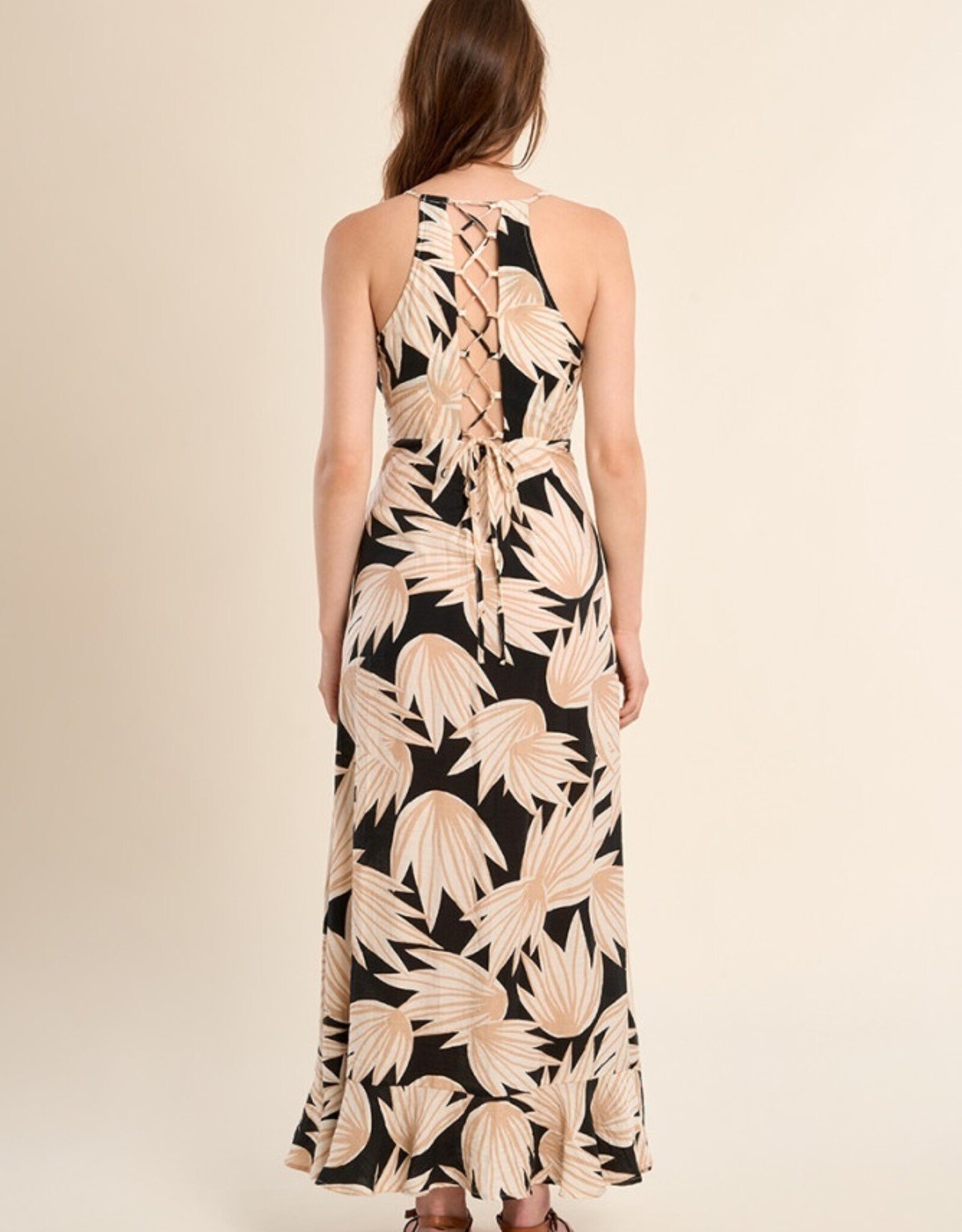 Molly Bracken Leaf Printed Ruffle Trim Tie Back Dress