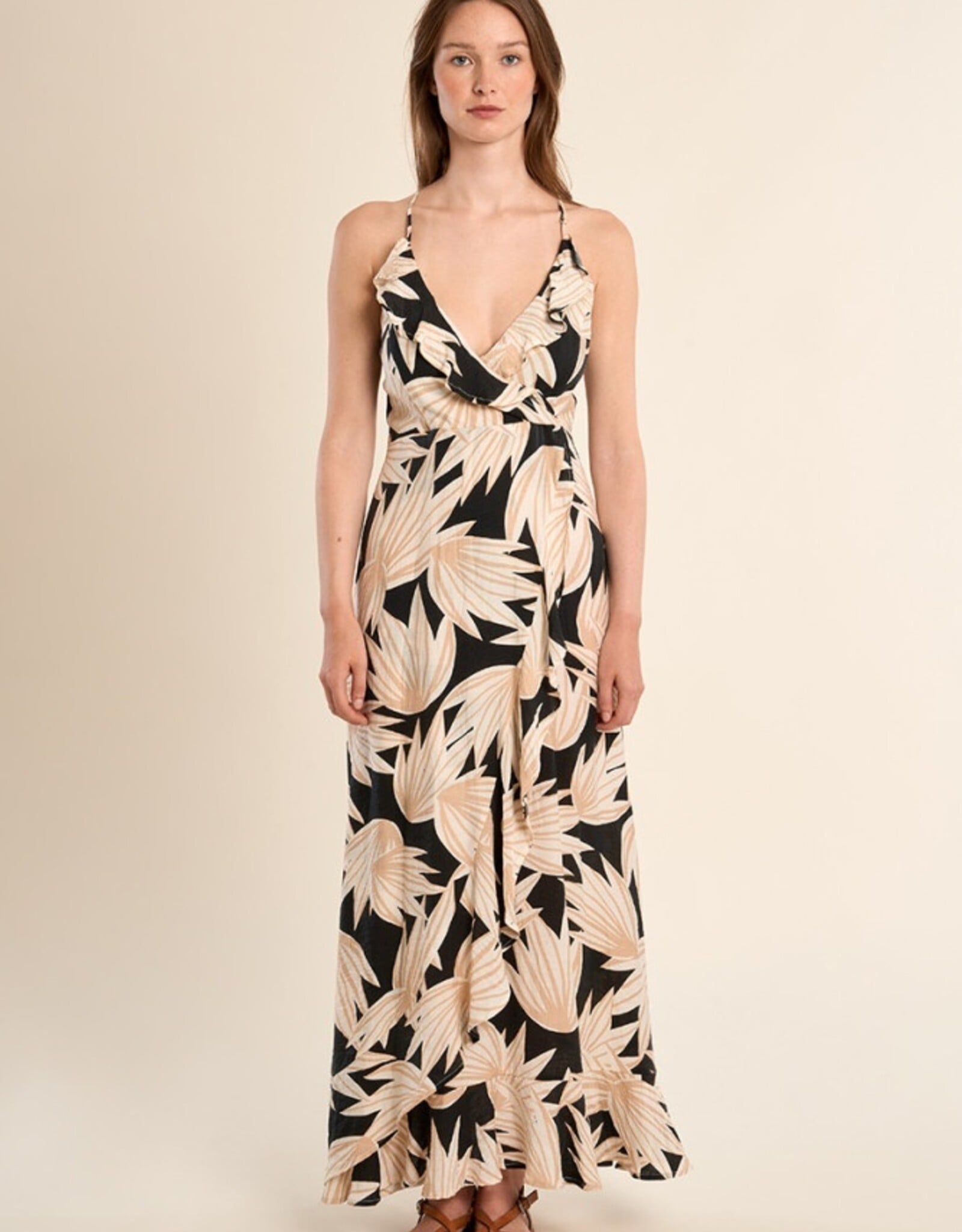 Molly Bracken Leaf Printed Ruffle Trim Tie Back Dress