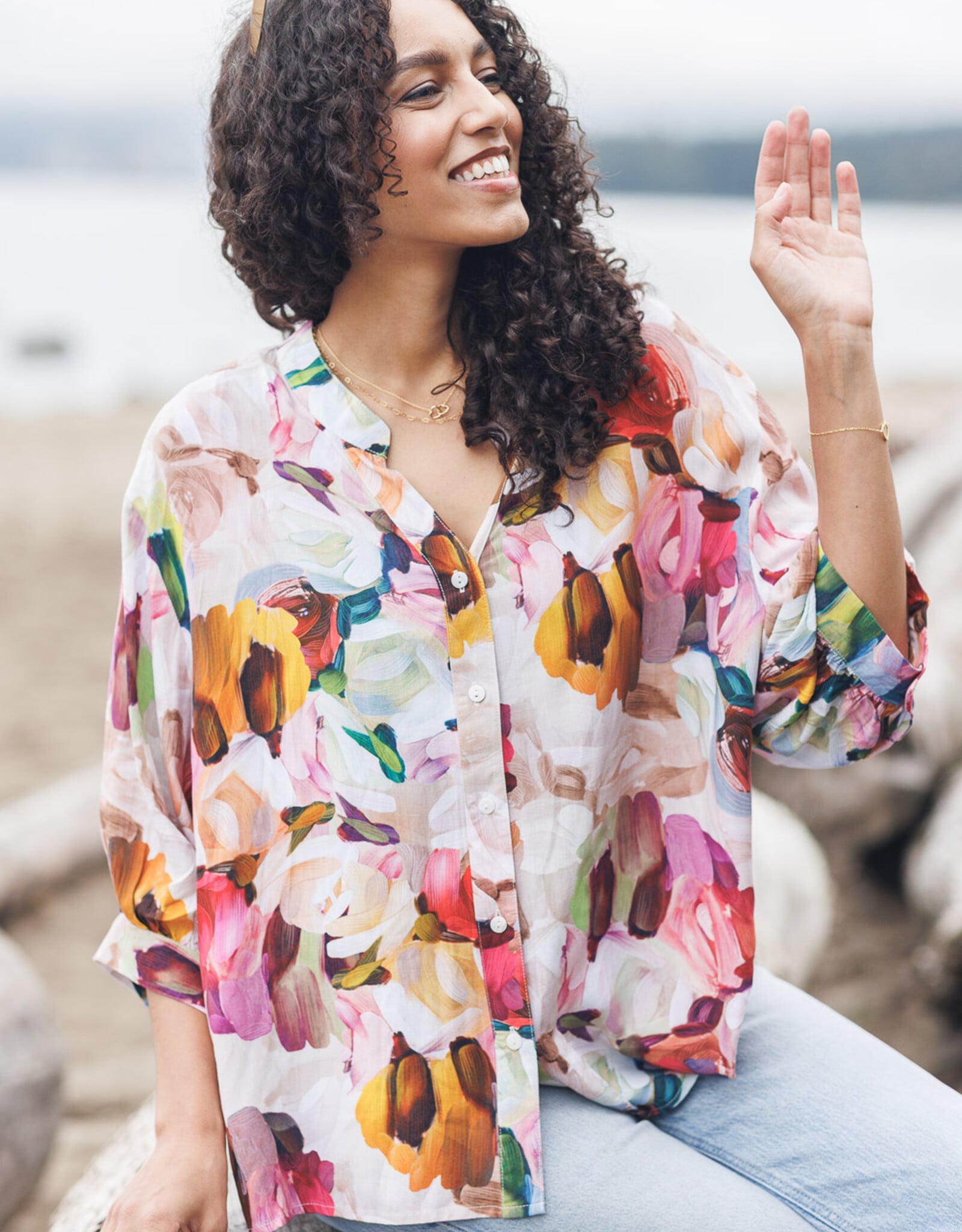 Papillon Floral BrushStroke Ballon Sleeve Blosue