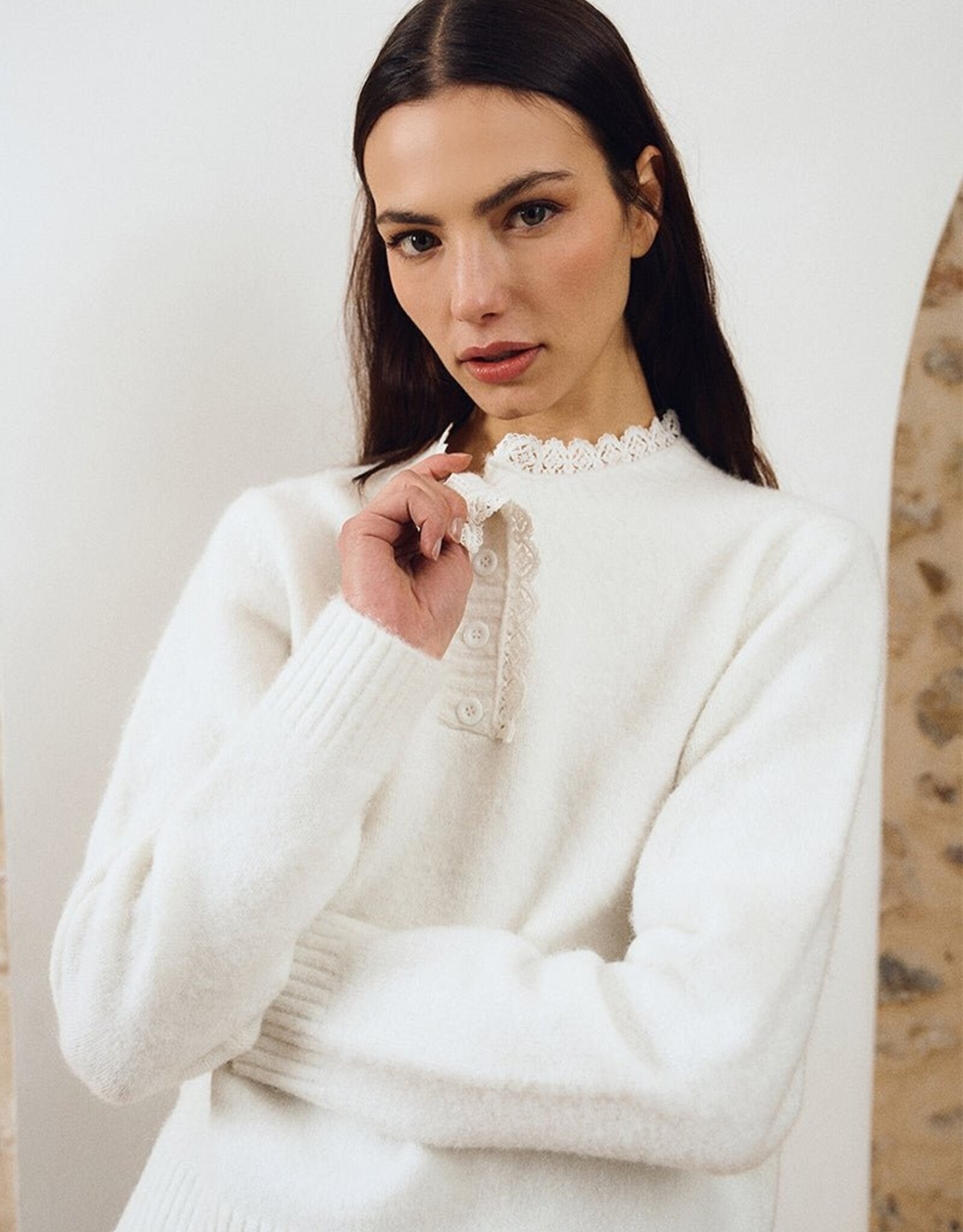 Molly Bracken Lace Detail Henley Sweater