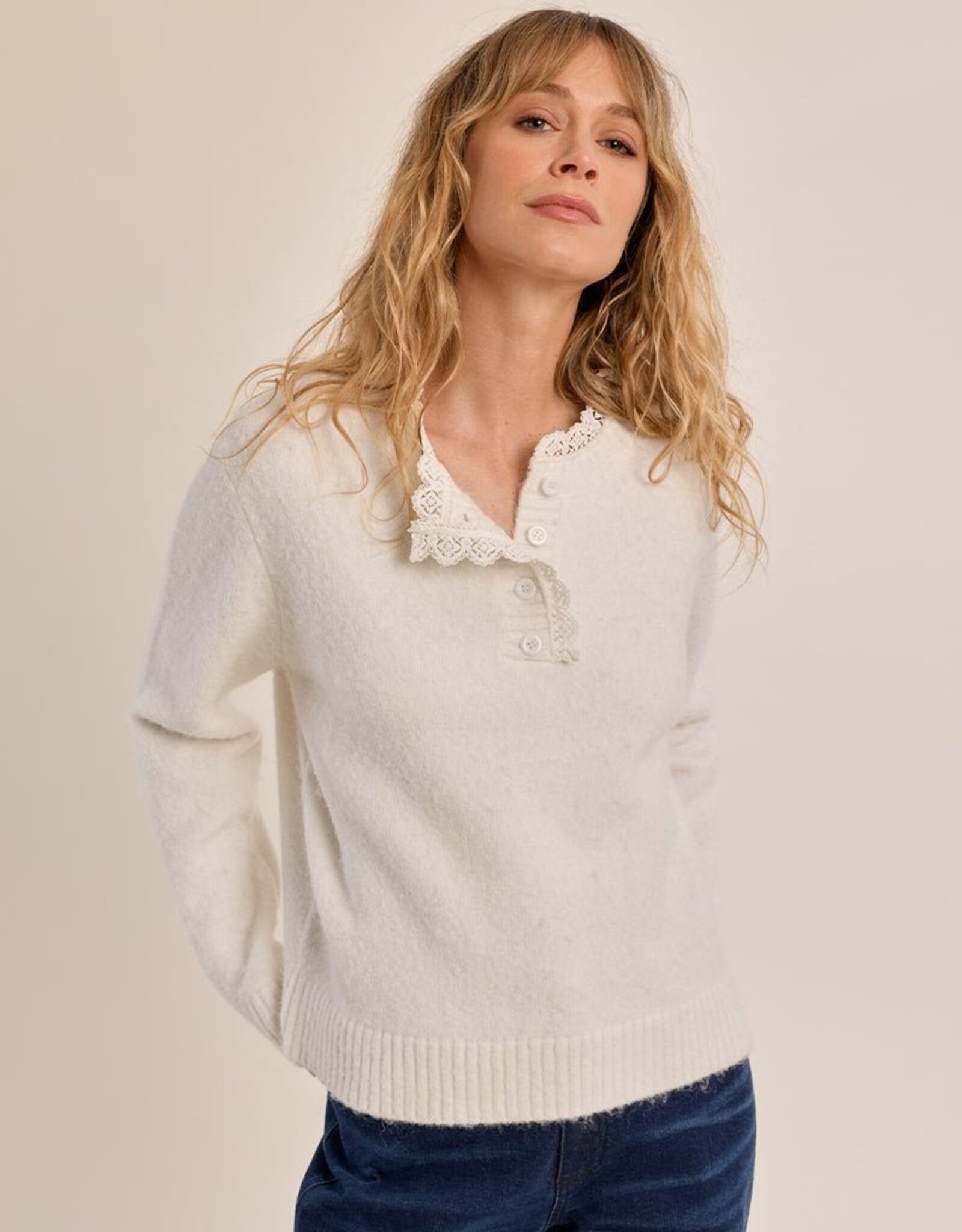 Molly Bracken Lace Detail Henley Sweater
