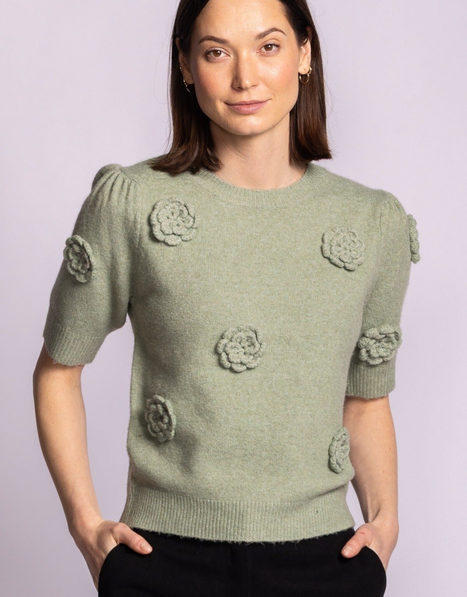 Pink Martini Roslyn S/S Knit Sweater w Flowers