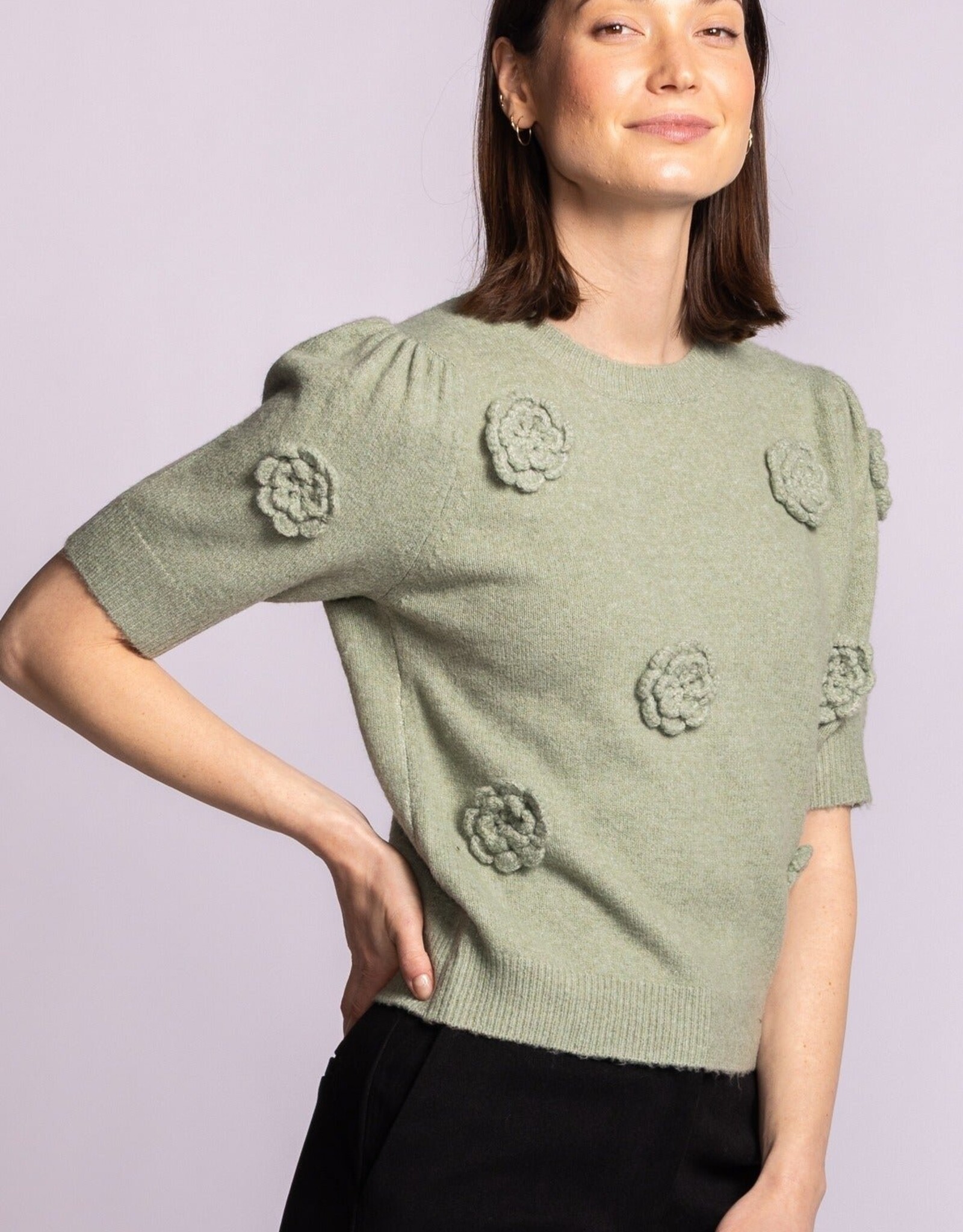 Pink Martini Roslyn S/S Knit Sweater w Flowers