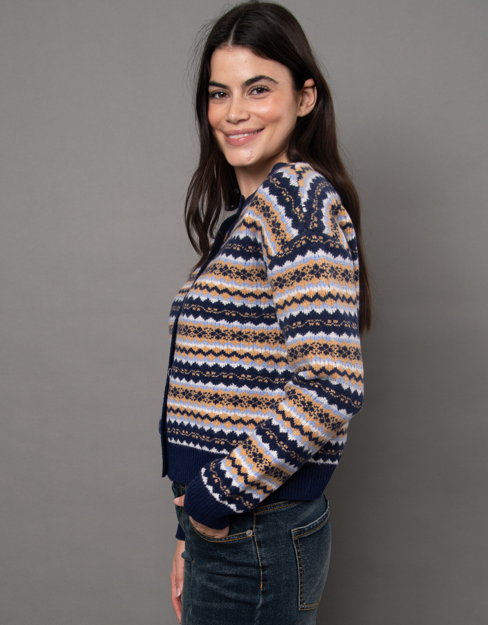 RD Style Nisha Multi Colour Striped Button CrewNK Cardigan