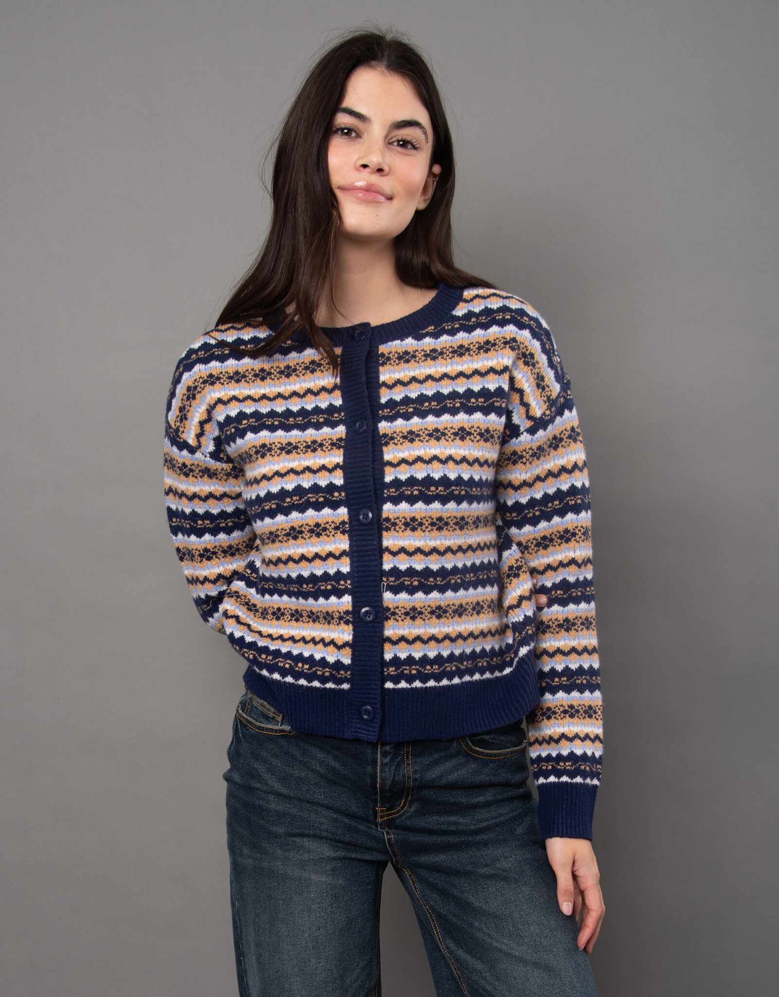RD Style Nisha Multi Colour Striped Button CrewNK Cardigan