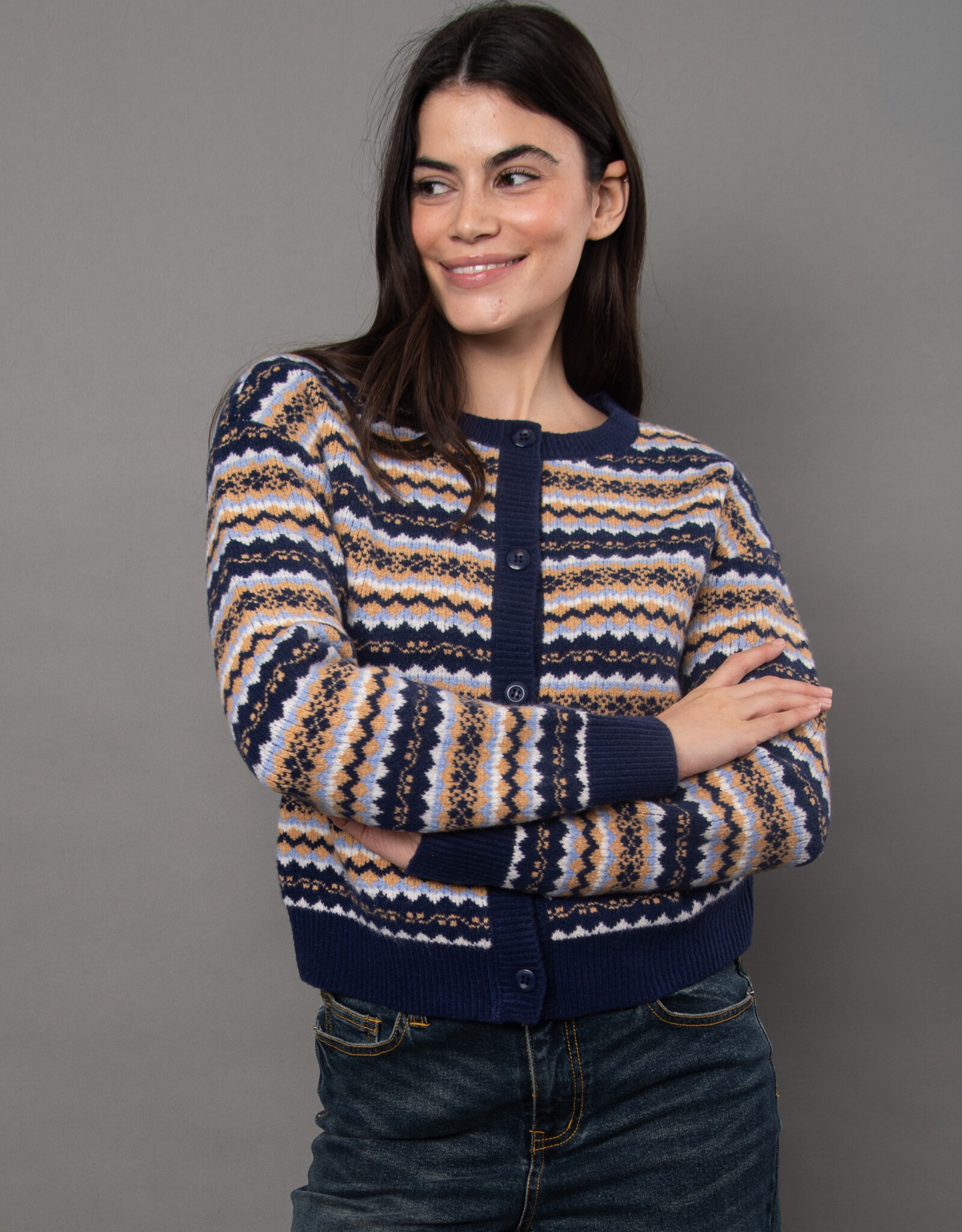 RD Style Nisha Multi Colour Striped Button CrewNK Cardigan