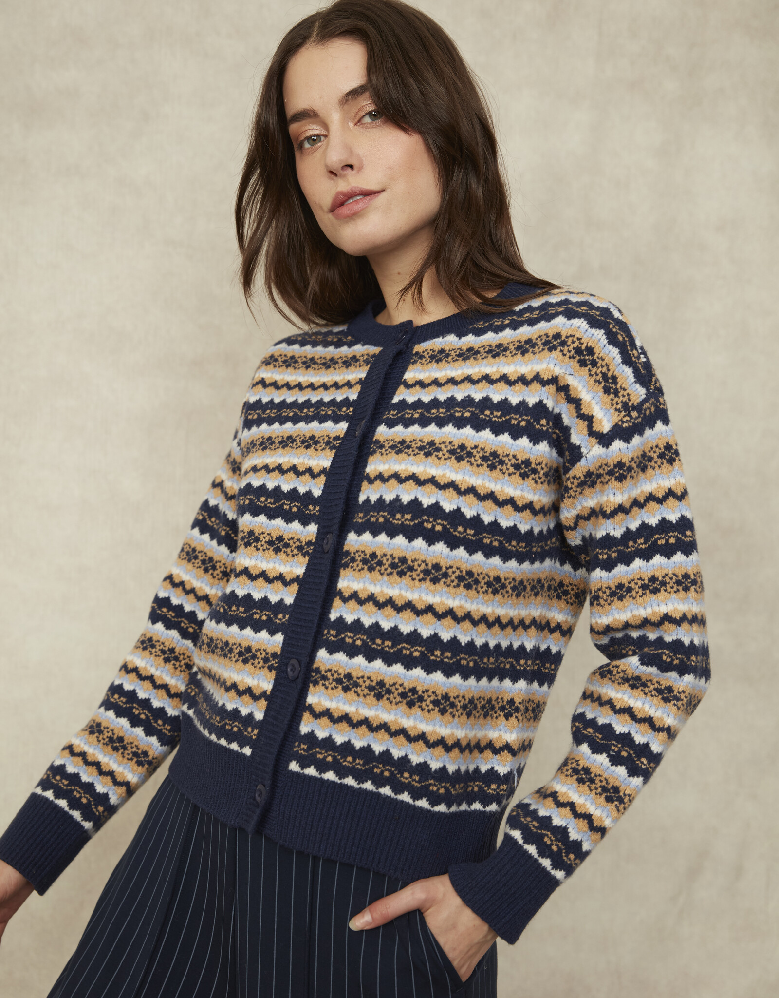 RD Style Nisha Multi Colour Striped Button CrewNK Cardigan