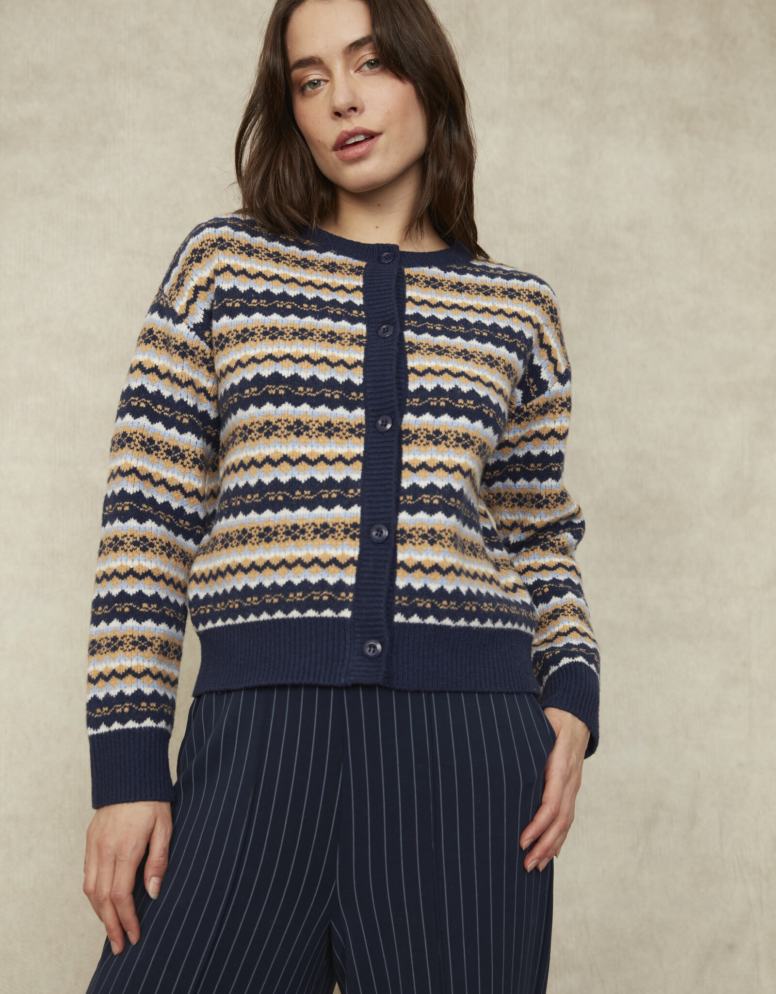 RD Style Nisha Multi Colour Striped Button CrewNK Cardigan