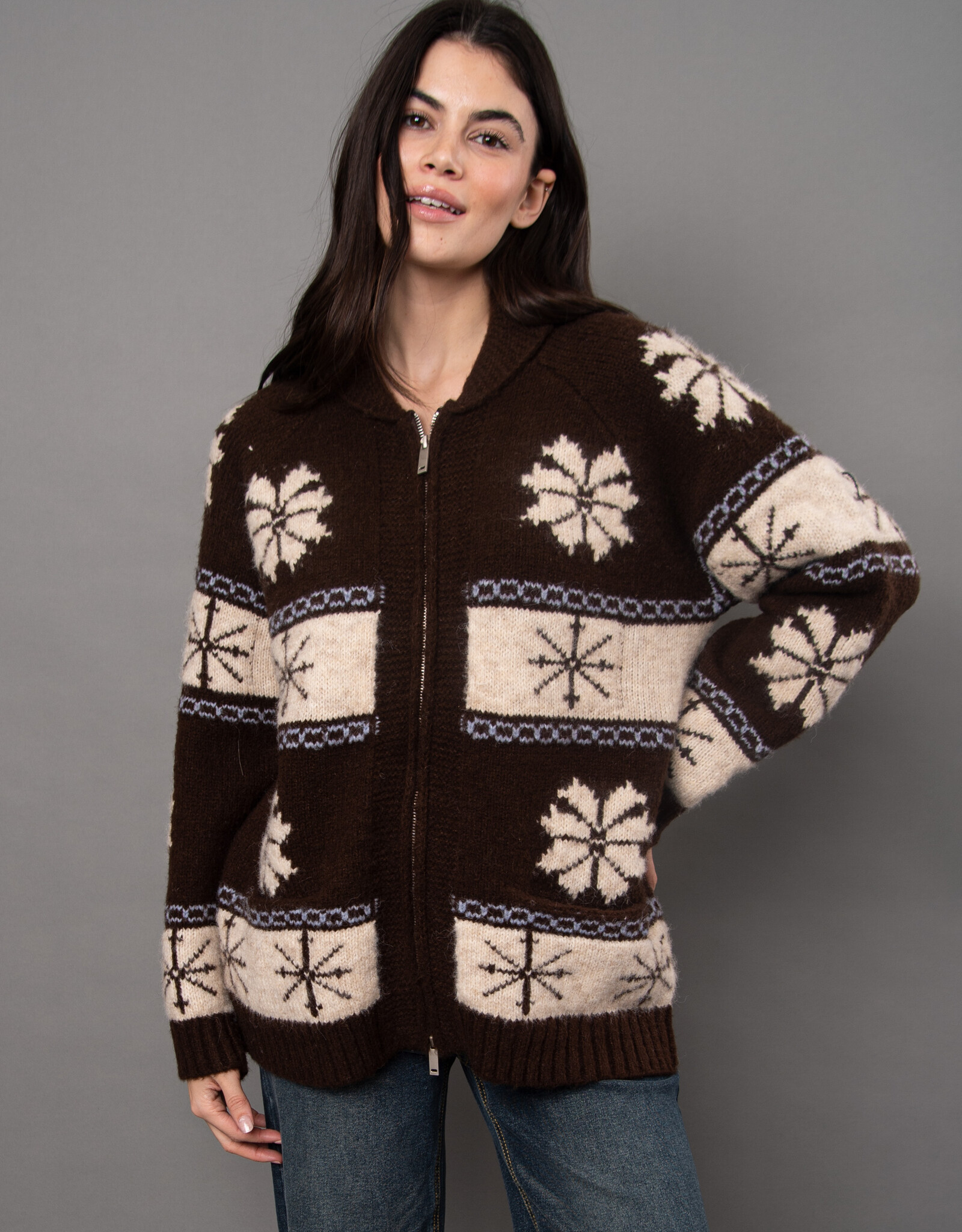 RD Style Saffron Zip Up Cardigan w SnowFlake Design