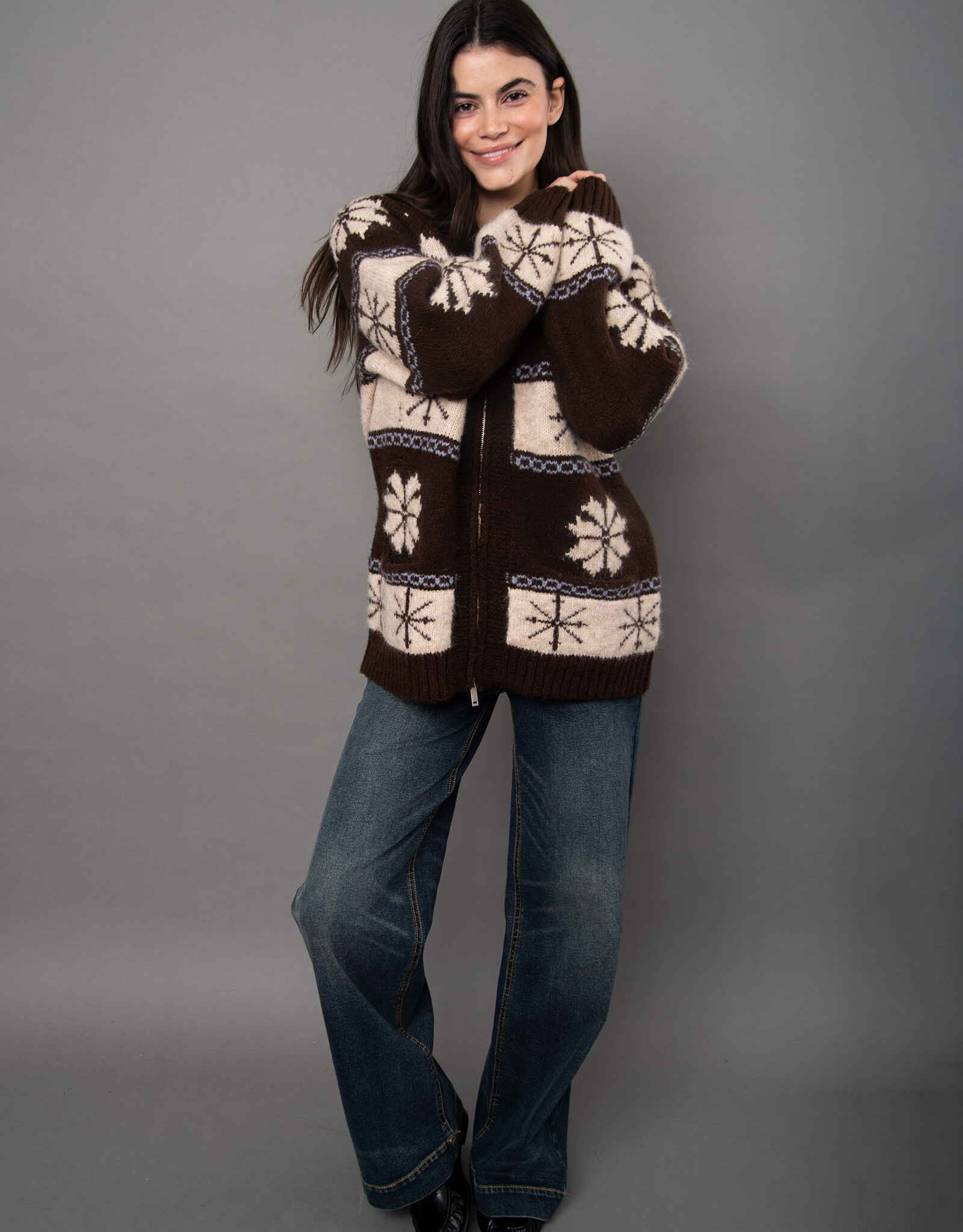 RD Style Saffron Zip Up Cardigan w SnowFlake Design