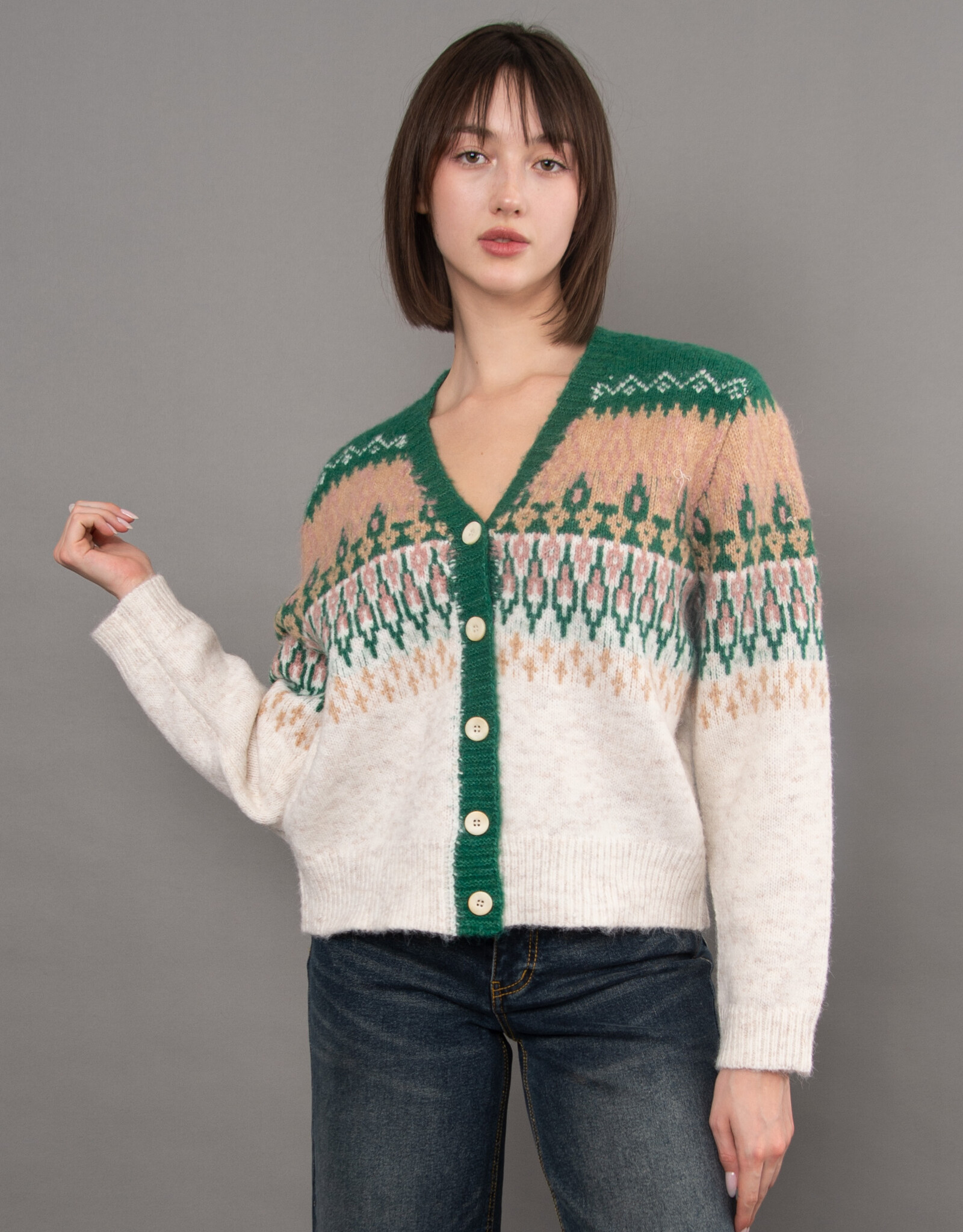 RD Style V-Nk L/S Jaquard Cardigan