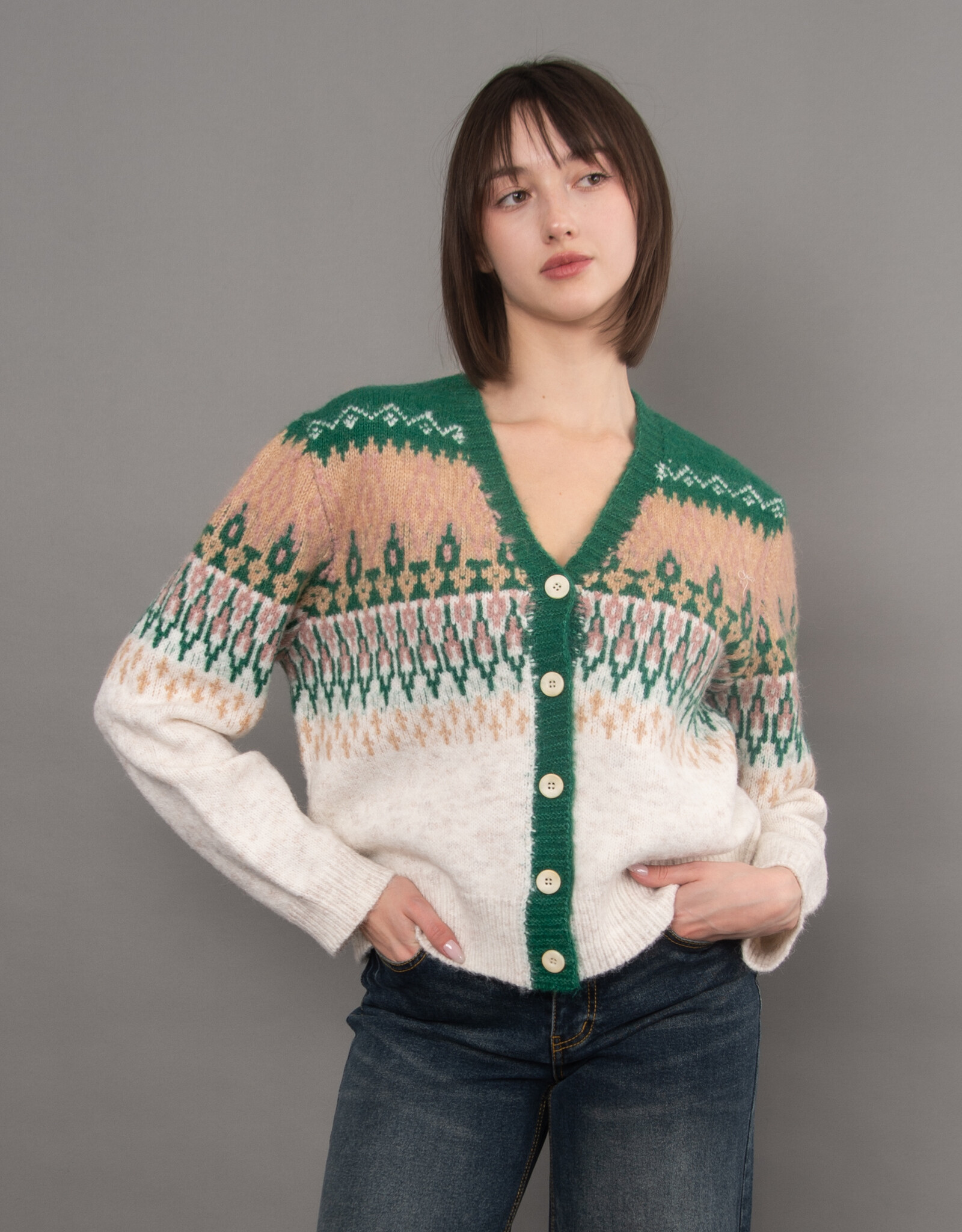 RD Style V-Nk L/S Jaquard Cardigan