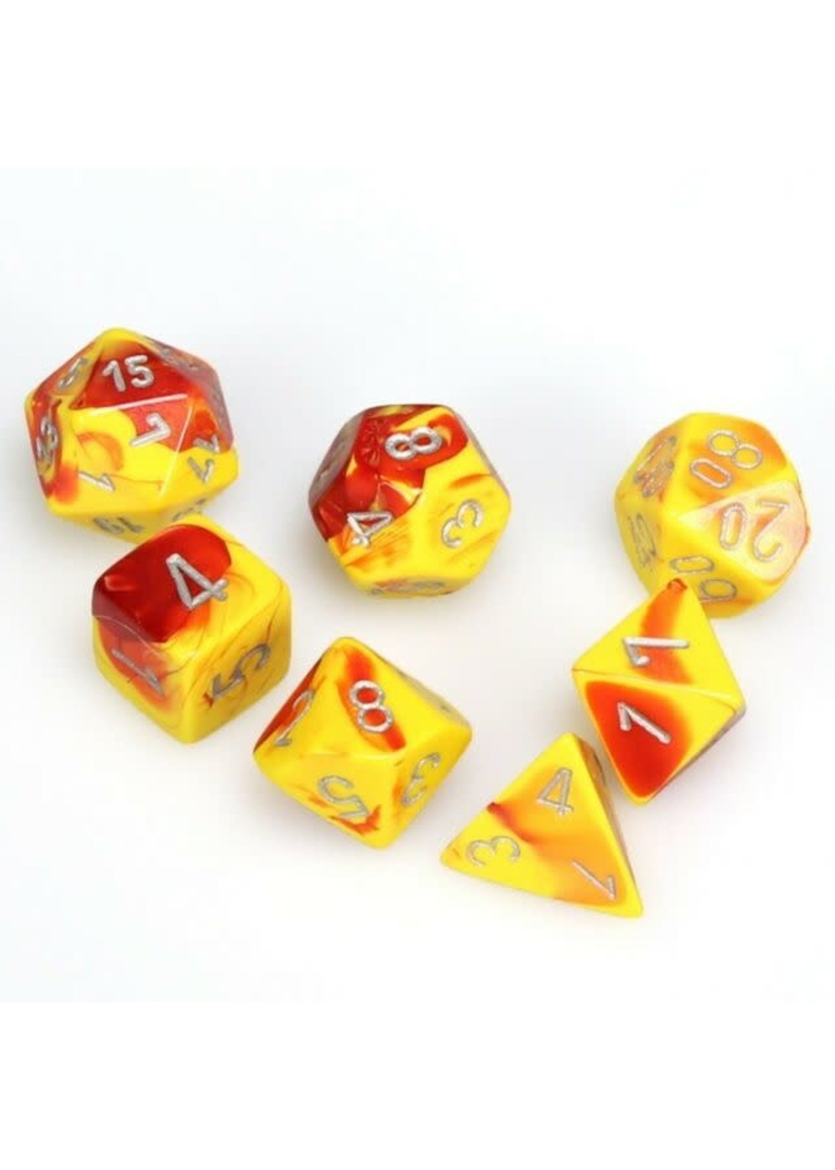 Chessex Gemini Poly 7 set: Red & Yellow w/ Silver