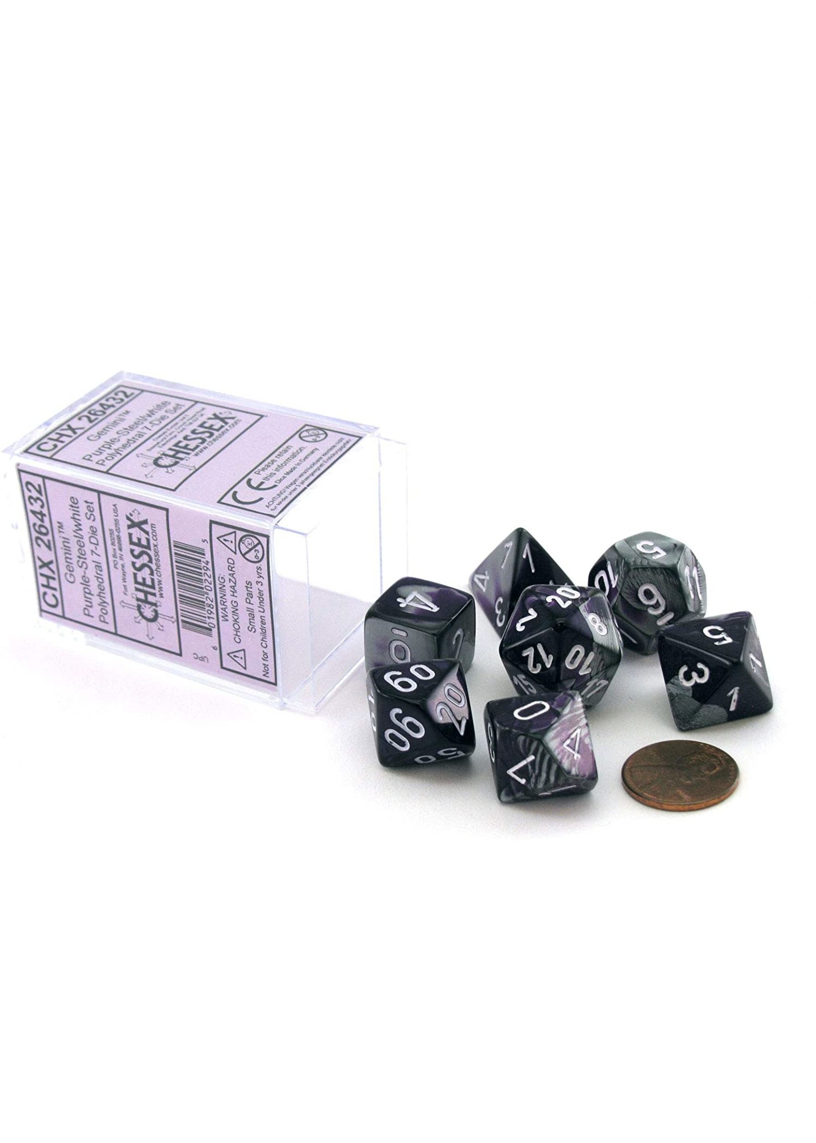 Chessex Gemini Poly 7 set: Purple & Steel w/ White