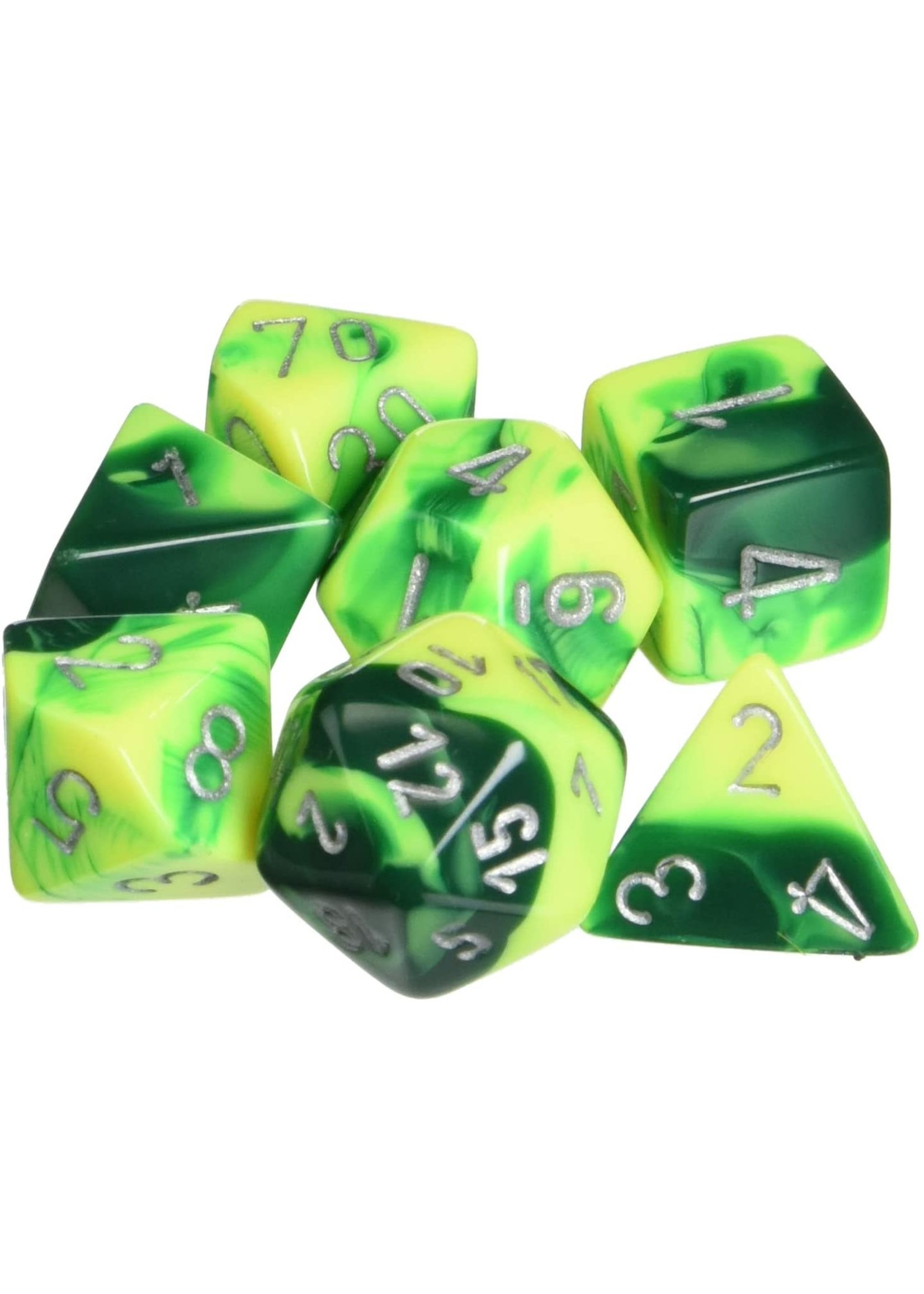 Chessex Gemini Poly 7 set: Green & Yellow w/ Silver